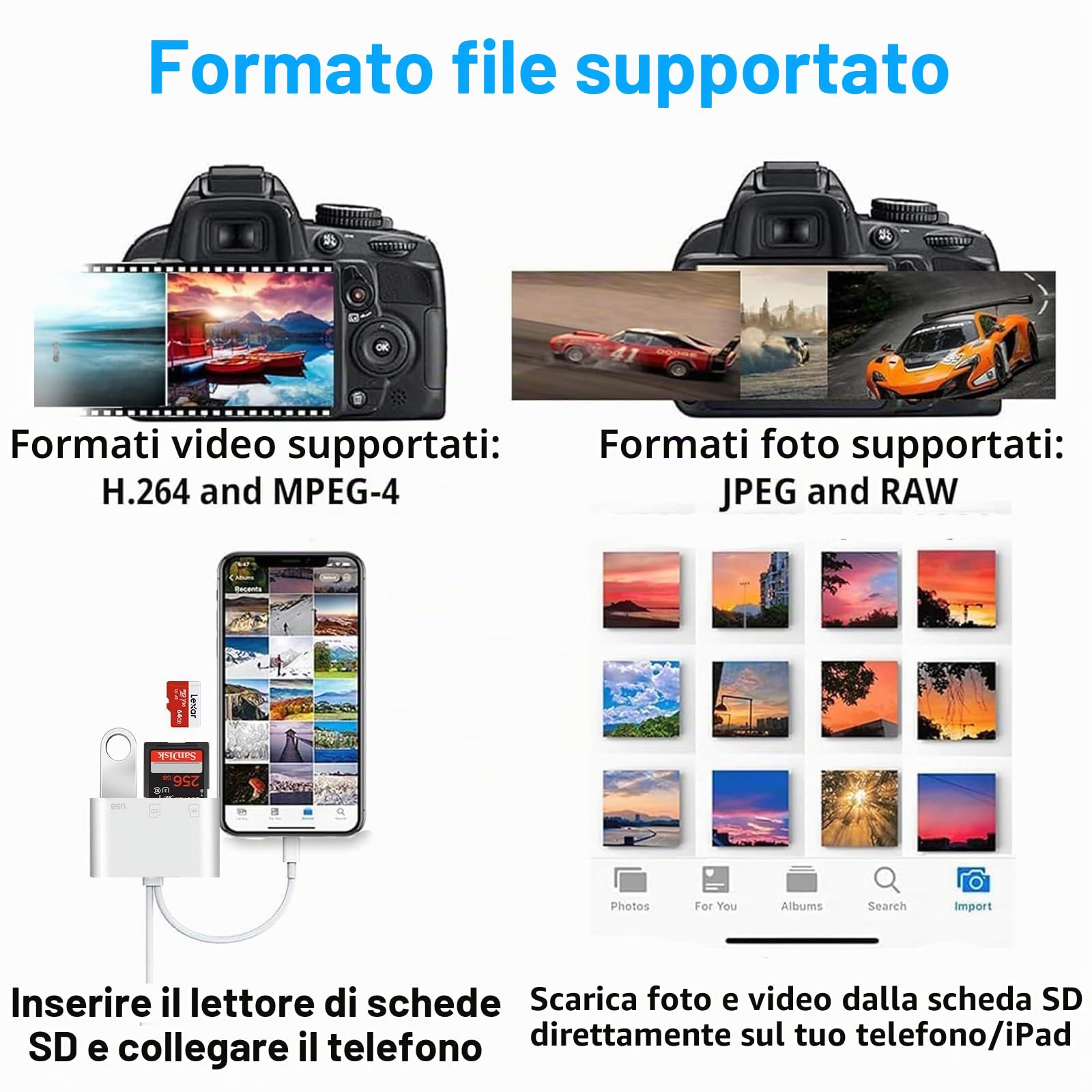 [Certificato Apple MFi] Lettore Schede SD per iPhone, 3 in 2 USB C Lightning Adattatore Scheda SD per SD/MicroSD, SD Card Reader for iPhone, Lettore Schede Memoria con iPhone 16 15/iPad/Mac/Android