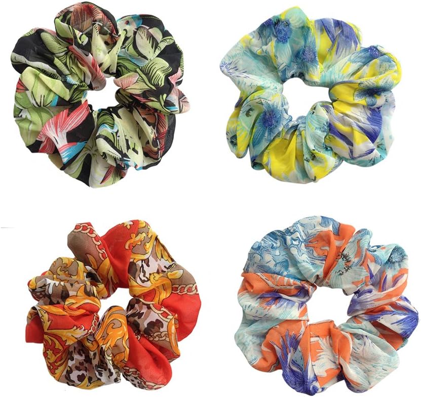 4Pcs Soft Summer Style Flower Large Hair Scrunchies Set Women Chiffon Hair Scrunchy