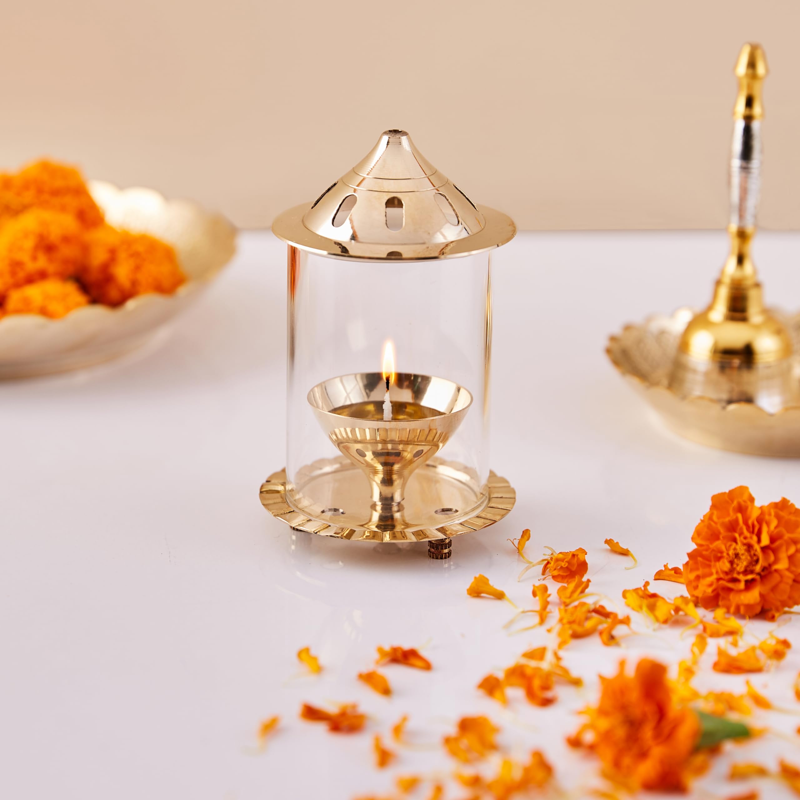 Amazon Brand - Solimo Akhand Diya/Oil Lamp with Glass Cover for Puja, Home Décor and Diwali, Brass (Small) 1