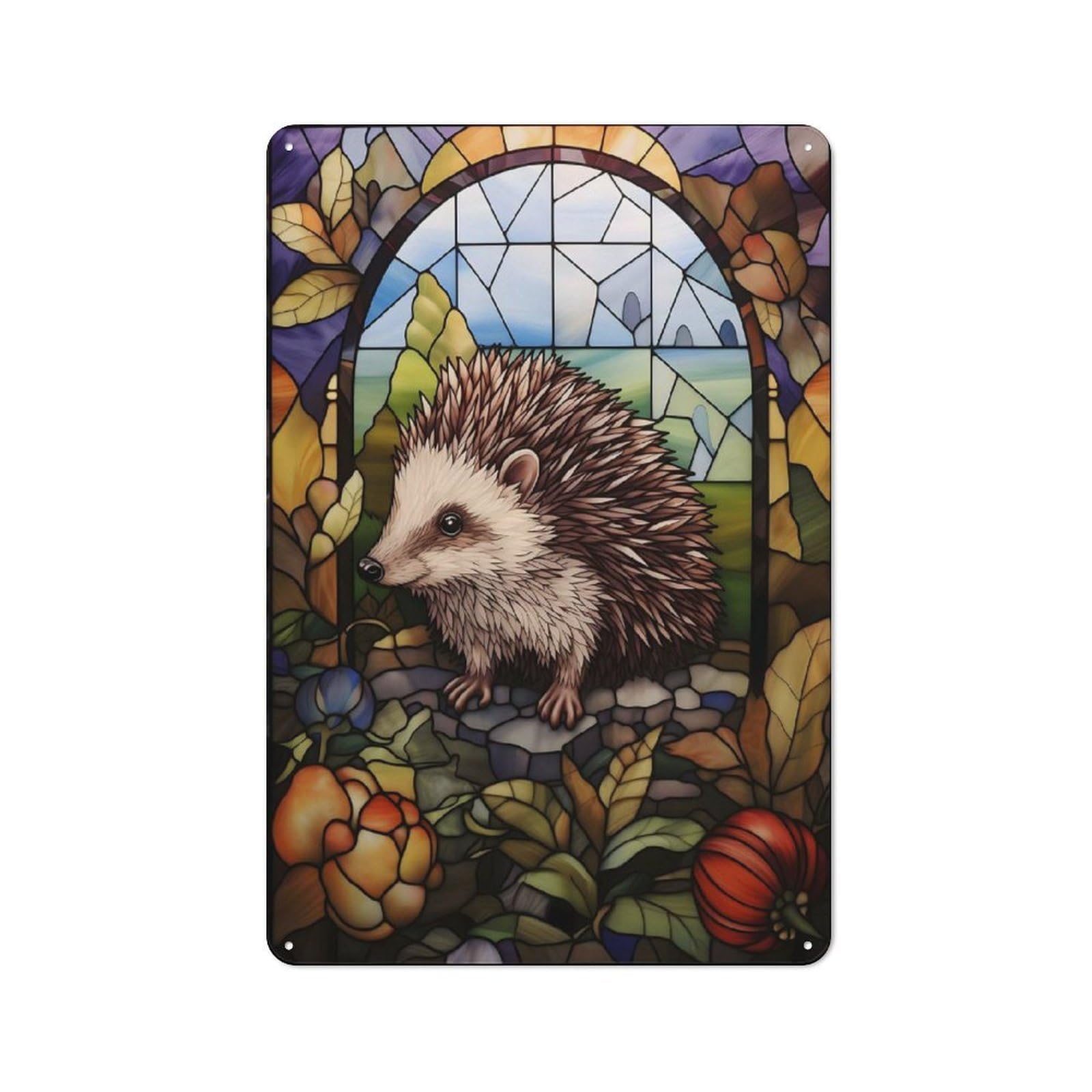 Nostalgic Hedgehog Stained Glass Decorative Tin Plaque 30x20cm, Classic Pub Decor for Diner, Restaurant, Shed Or Kitchen