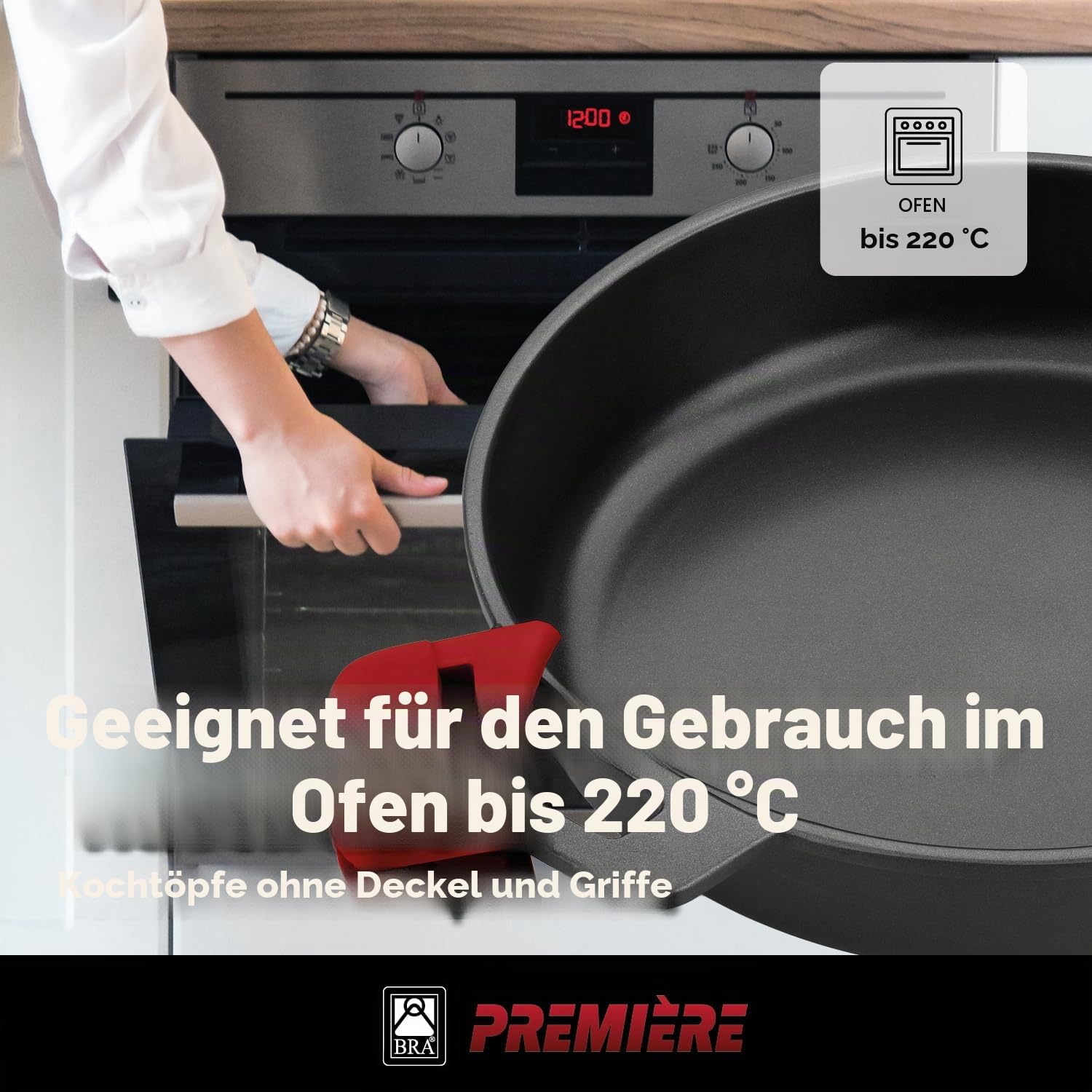 BRA Premiere | Niedriger Schmortopf 24 cm, Aluminiumguss | Dreischichtig, verstärkte Antihaftbeschichtung, 2 abnehmbare Silikongriffe, alle Herdarten einschließlich Induktion geeignet