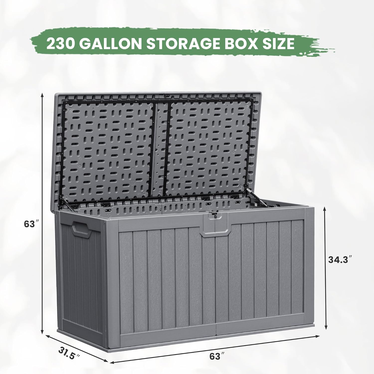 Diagram showing the dimensions of the 230 gallon storage box