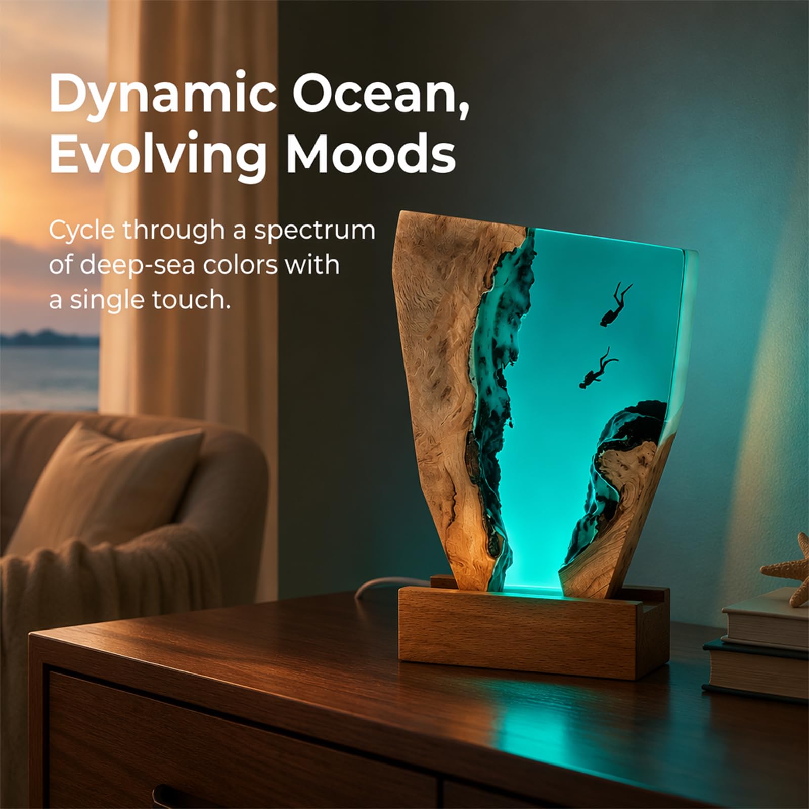 Lampka nocna 3D, oceaniczna, lampka nocna, żywica epoksydowa, statuetka morska, dekoracja, lampa do nurkowania z drewnianą podstawą i kablem USB, lampka nocna LED dla miłośników morza, do