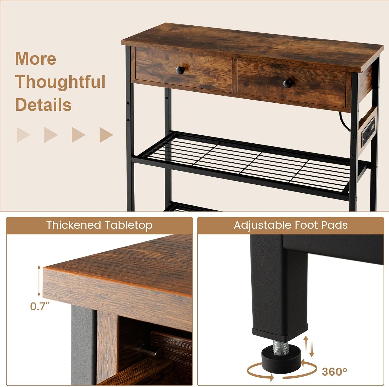 GOFLAME Console Table with Power Outlet, Narrow Entry Table with Drawers, 2 AC Outlets & 2 USB Ports, Sofa Table for Living Room Behind Couch, Living Room, Foyer, Brown