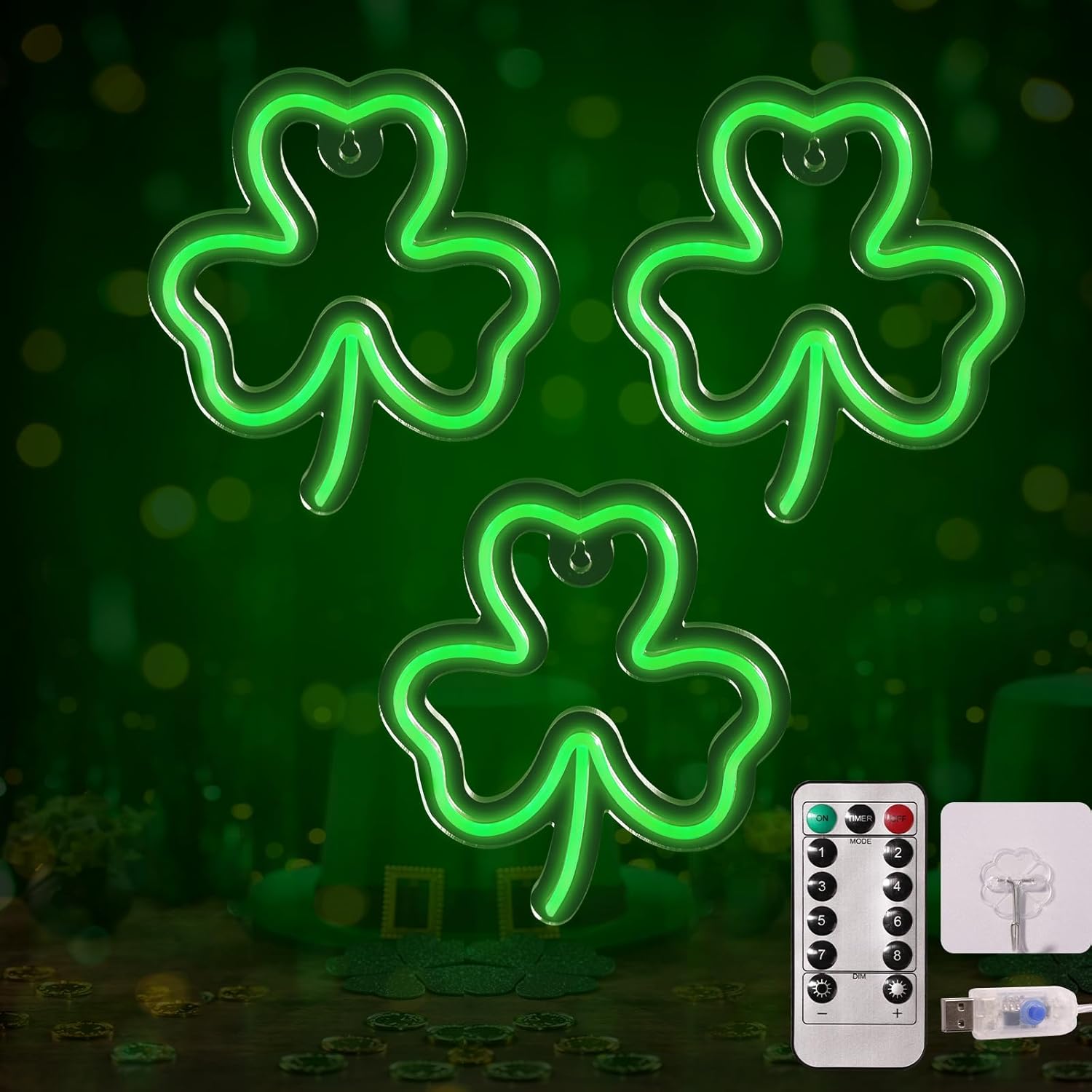 3 Packs St. Patrick's Day Window Lights Decorations with Timer, 8 Modes Green Shamrock Neon Sign with Remote, USB Powered Shamrock String Lights for Home Wall Indoor Outdoor