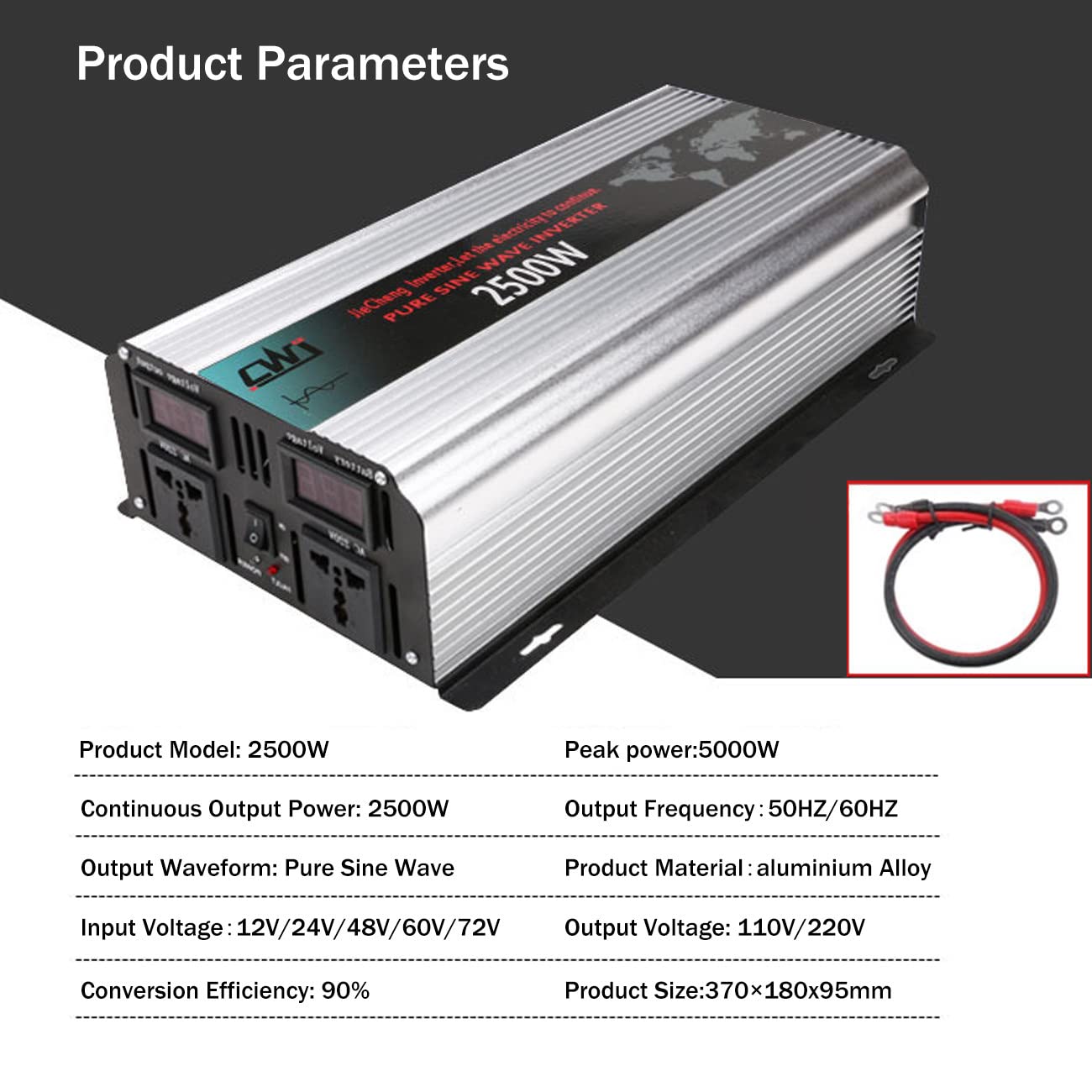 2000W 3000W 4000W 5000W 6000W fala sinusowa czysta 12V 24V 48V 60V 72V do 110V 220V DC do AC z 2 gniazdami AC, do samochodu kampera, łodzi, domowego układu słonecznego,2500W-12Vto110V