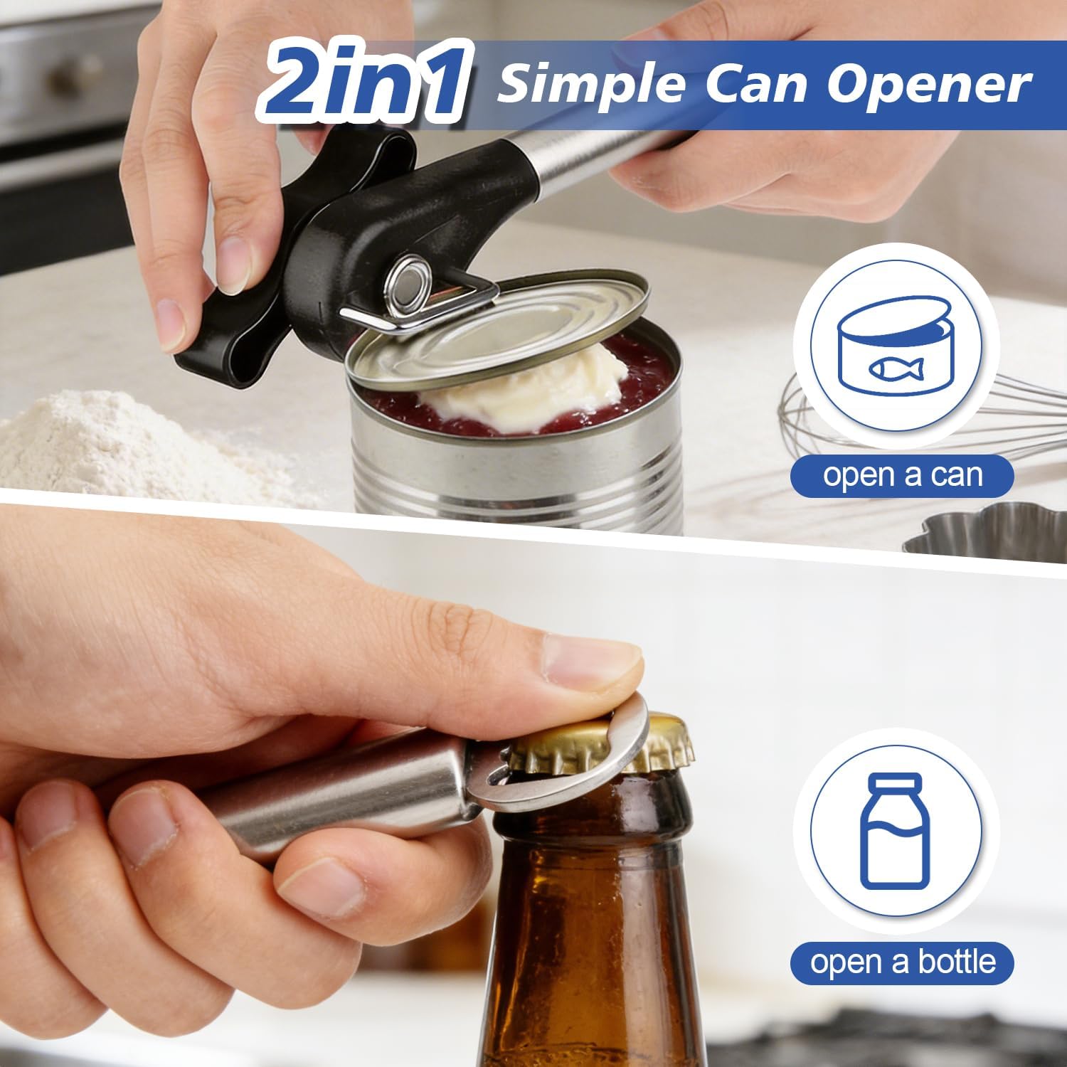 Can Opener Manual and Can Opener Multifunction 2 in 1 Professional Can Opener with Non-Slip Handle Can Opener Jar Opener Fits Most Round and Square Cans image 3