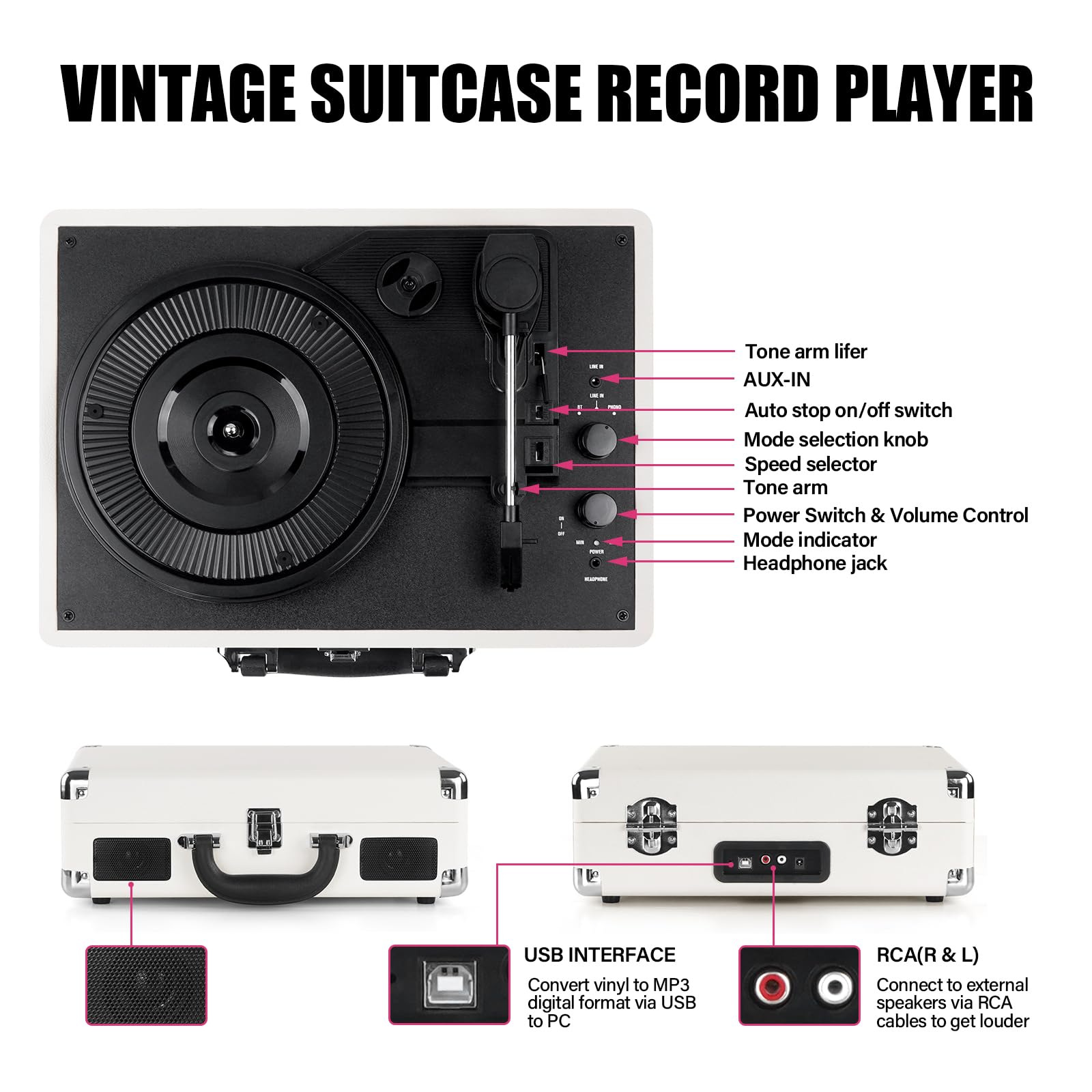 Plattenspieler,Mersoco Vinyl-Bluetooth-Plattenspieler, tragbarer Schallplattenspieler mit integrierten Lautsprechern und 3Geschwindigkeiten, Vintage-Koffer mit RCA-Ausgang, AUX-Eingang
