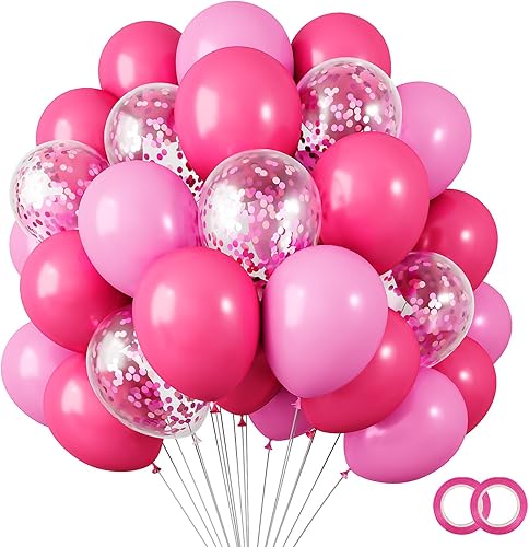 Miniatura 1 de RUBFAC Kit de guirnalda de arco de globos rosas de 12 pulgadas, 120 unidades, globos de confeti rosa intenso para niña, cumpleaños, fiesta temática