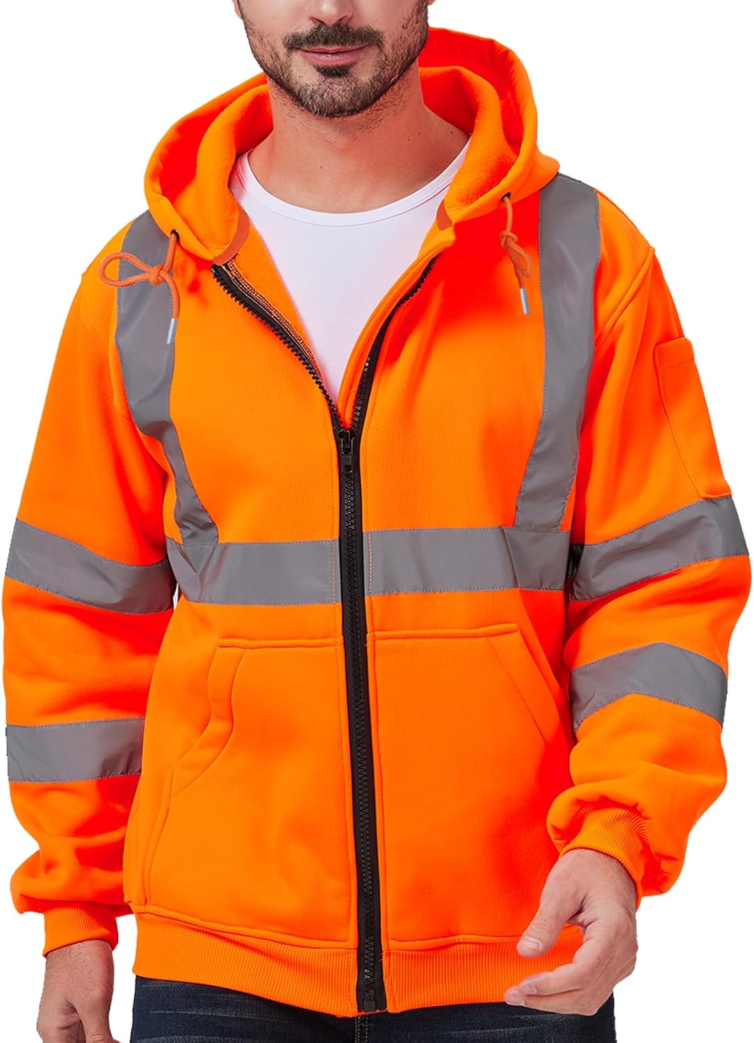 Class 2 High Visibility Safety Hoodie, Reflective Workwear Sweatshirt, Warm Breathable Work Jacket for Men, Zip-Up