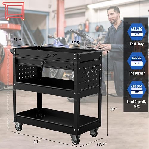 Miniatura 2 de Carrito de utilidad resistente de 3 niveles con ruedas, carrito de herramientas rodante sobre ruedas con un cajón, capacidad de carga de 350 libras,