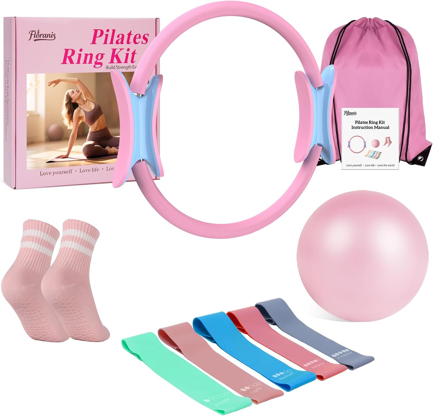 Home Pilates Essentials Kit for Women Ring and Ball Pilates Set Equipment, Magic Circle with 5 Resistance Bands Premium Accessories Kit for Beginner Toning Workouts at Home