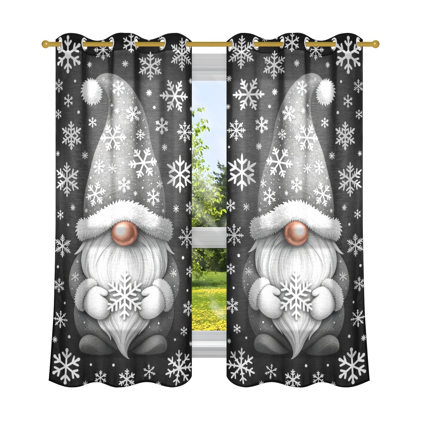 Cortinas decorativas de privacidad que dejan la luz en invierno, diseño de gnomo y copo de nieve, cortinas opacas cortas para armario, 2 paneles