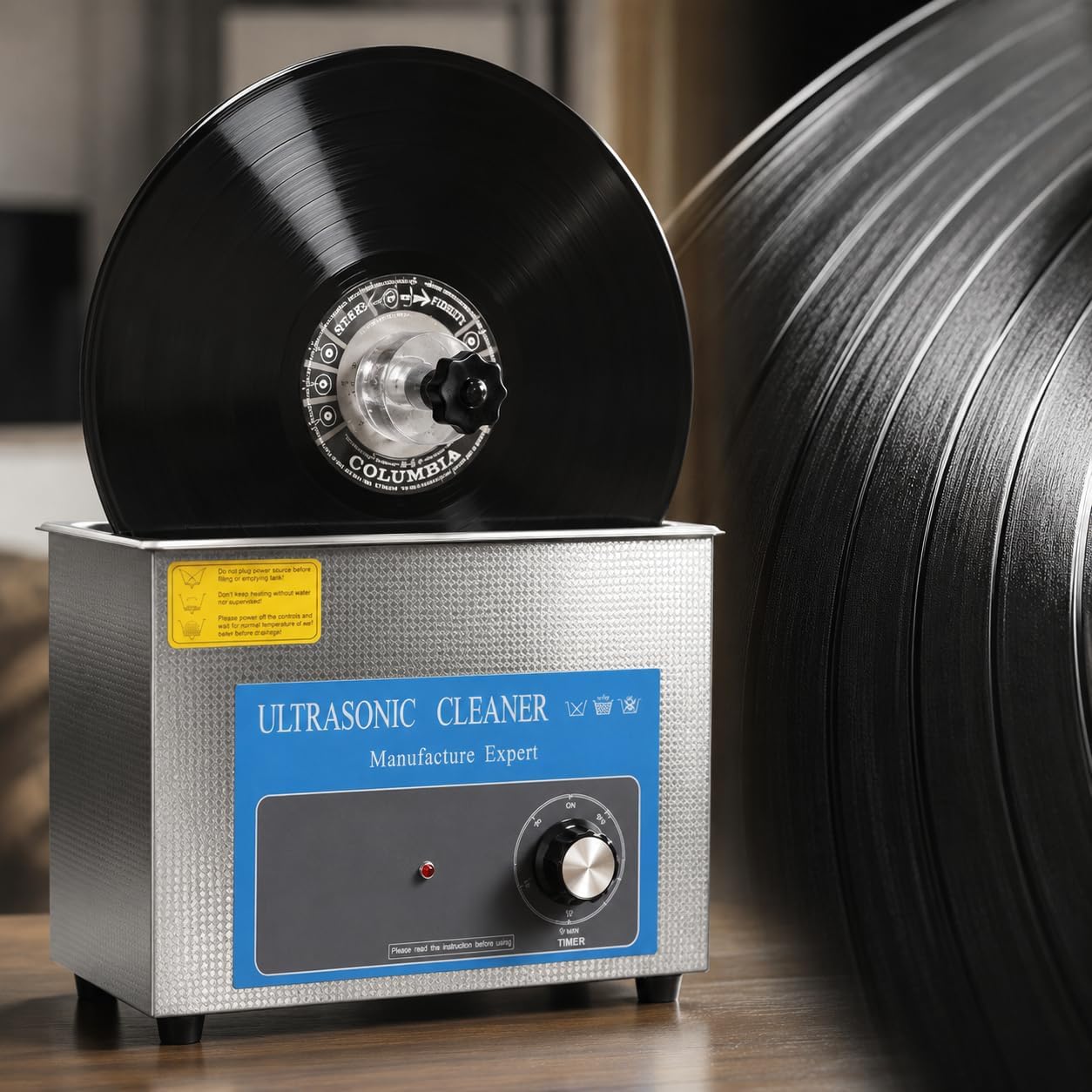 Máquina limpiadora ultrasónica de discos de vinilo, capacidad de 6 discos con temporizador de 0 a 20 minutos, cesta elevable y estante de secado