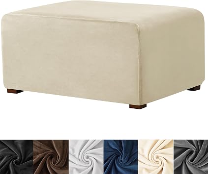 HFCNMY Ottoman Cover Rectangle,Stretch Velvet Slipcovers Rectangle Thick Covers Slipcover for Ottomans Soft Foot Stool with Elastic Bottom Beige X-Large ASMFDT20230725-9