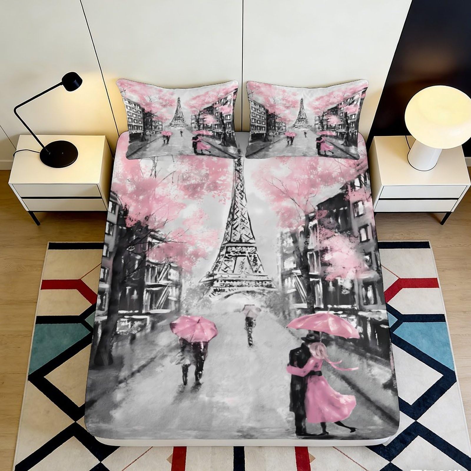 3D Printed Paris Eiffel Tower Fitted Sheet Microfiber Pink Romantic Street Mattress Cover Bedroom Décor Washable 90x200x25cm