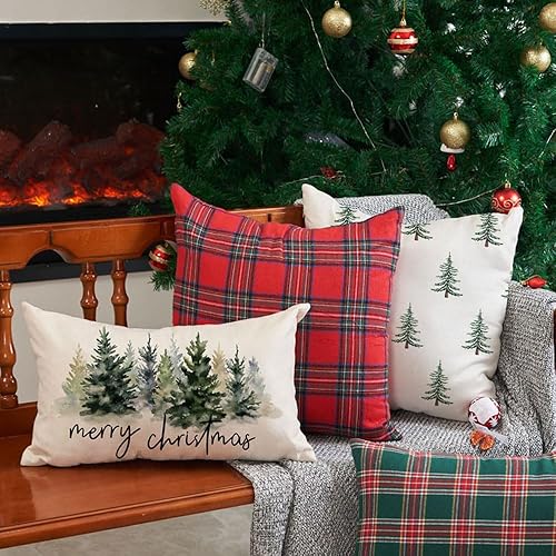 Miniatura 6 de DFXSZ Fundas de almohada de Navidad de 12 x 20 pulgadas, decoraciones de Navidad, acuarela, azul, verde, árbol de Navidad, estilo rústico, estampado