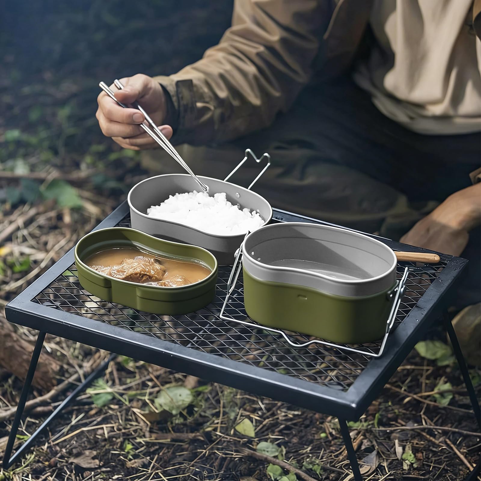 Bundeswehr - Set di stoviglie da campeggio, 1,8 l, resistenti al calore, in alluminio, con coltello pieghevole, forchetta e cucchiaio, per escursioni e campeggio