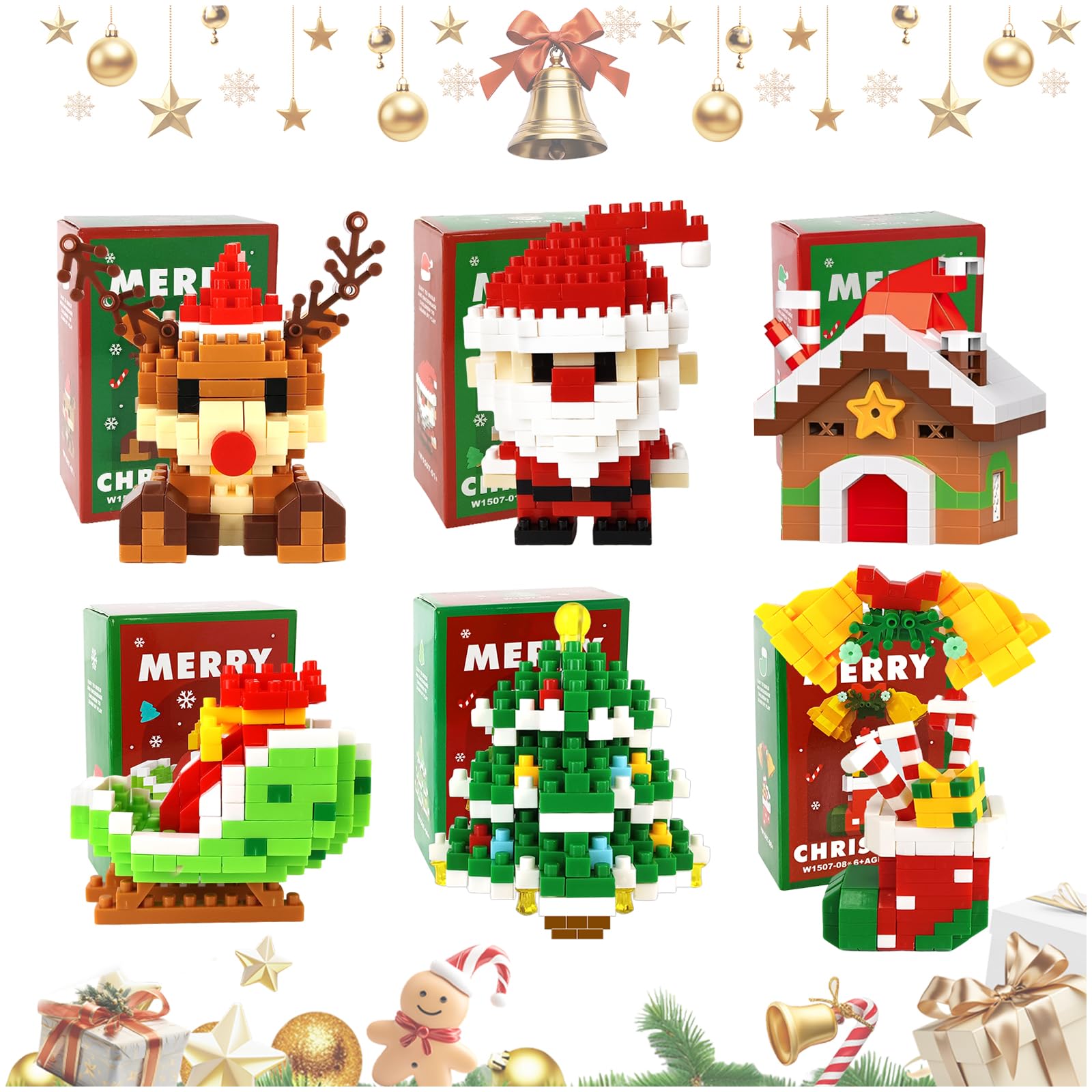 6Pcs Santa Claus Design Building Blocks Set, Christmas Building Blocks Theme Decor Mini Buildings Figures DIY Stocking Stuffers Christmas Tree Xmas Birthday Gifts Party Favors for Kids