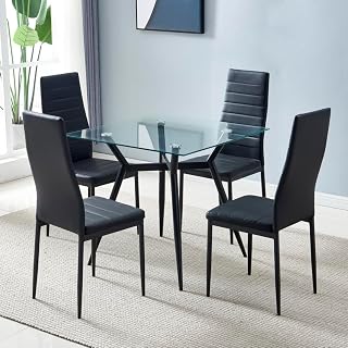 4pcs Elegant High Backrest Dining Chairs Black - Stripping Texture PU Upholstered with Iron Tube Frame, Waterproof & Easy Clean for Kitchen Dining Room