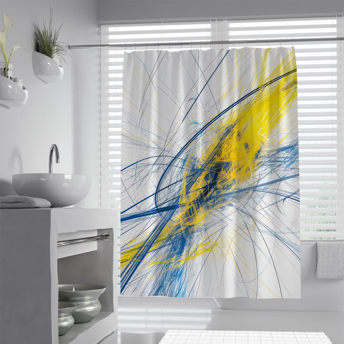 Rideau de douche salle de bain lignes jaunes bleues art W240xL180 cm