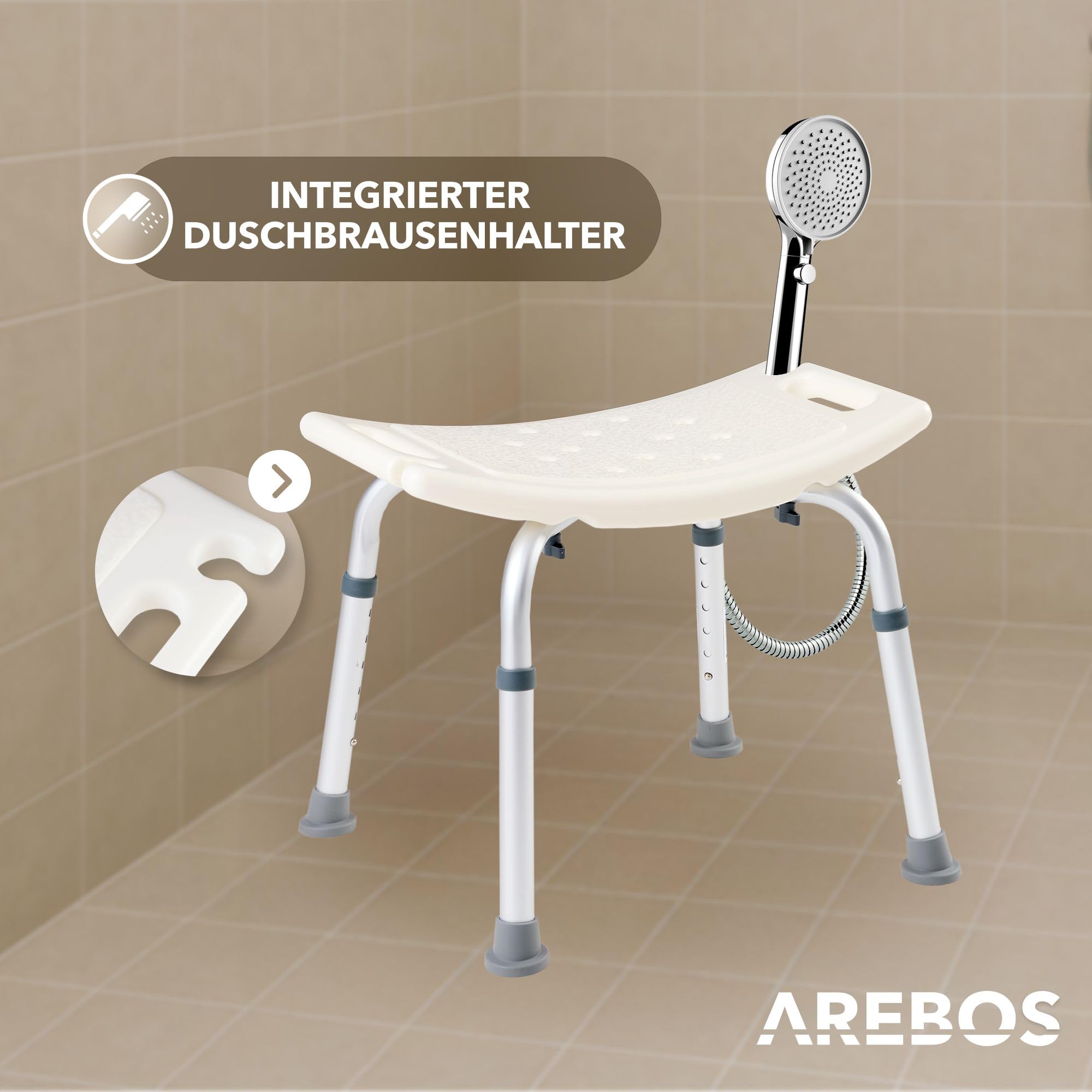 Arebos Duschhocker | Höhenverstellbar | Aluminium-Rahmen | Anti-Rutsch-Gummifüße | Sitzfläche mit Sicherheitsgriffen | Duschhilfe | Duschstuhl | Duschsitz | Badhocker | Badewaannensitz | für Senioren