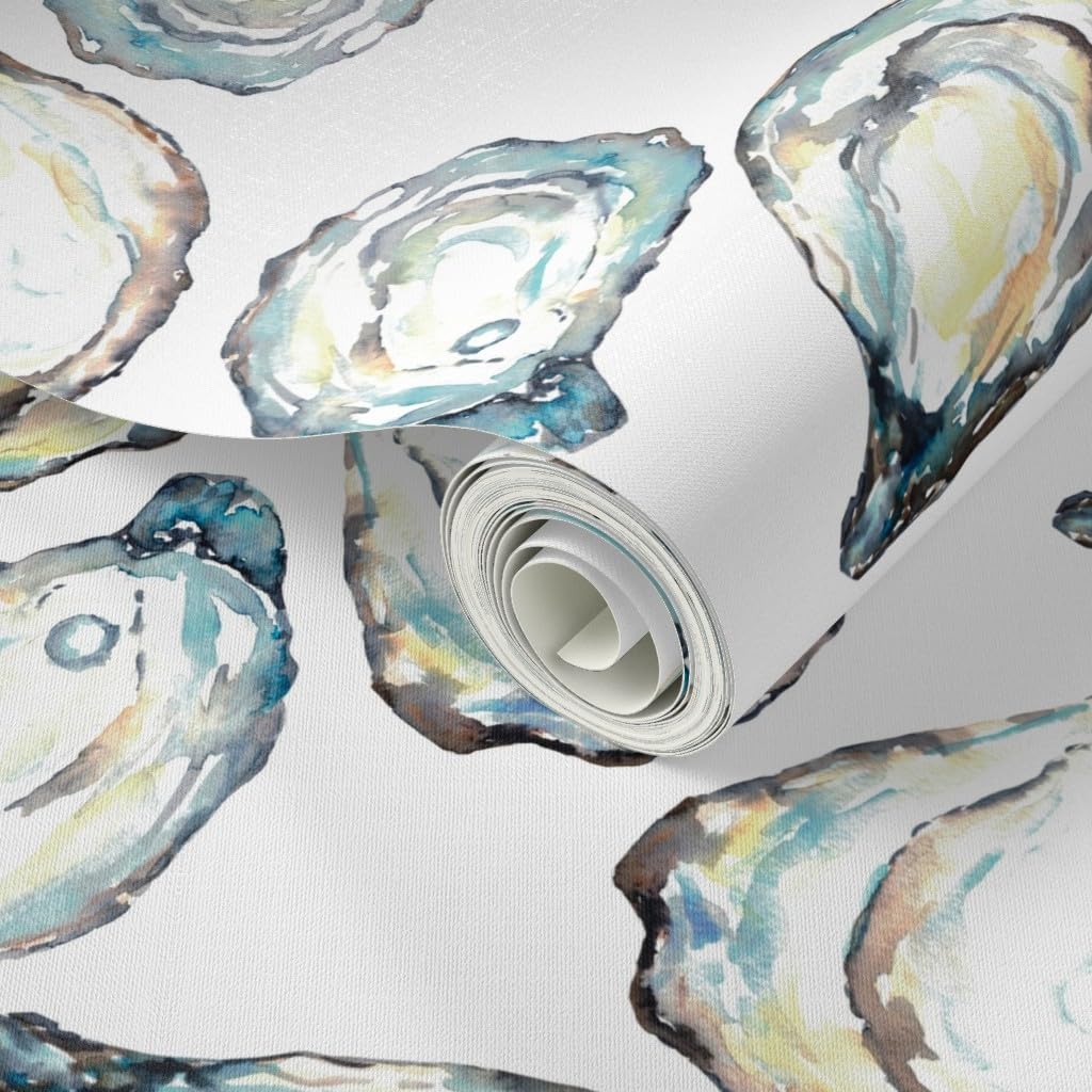 Spoonflower Peel & Stick Wallpaper 3ft x 2ft - Coastal Watercolor Oyster Shells Large Scale Ocean Life Seashell White Blue Yellow Soft Pastel Custom Removable Wallpaper