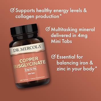 Dr. Mercola Copper Bisglycinate - Supports Cellular Health - Bioavailable Chelated Mineral - Essential Trace Element - Mini Tablets - 90-Day Supply - 180 Tablets