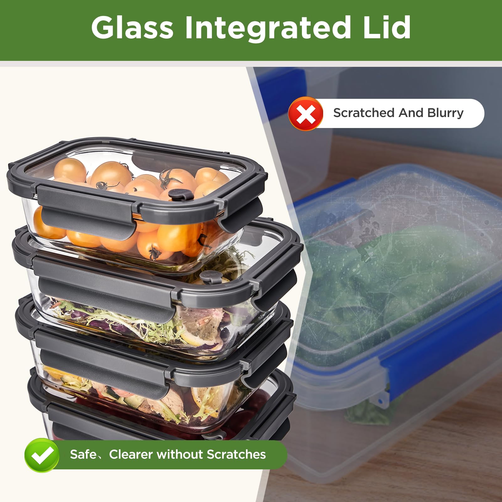 Glas-Frischhaltedosen mit Deckel, 600 ml, Glas-Mahlzeiten-Vorbereitungsbehälter mit luftdichten Deckeln, mikrowellengeeignet, BPA-frei, auslaufsicher, ideal für Mittagessen, 10 Stück