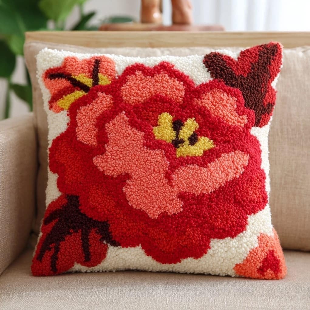 AxiangziK Latch Hook Pillow Kit 17x17in,Red Flowers