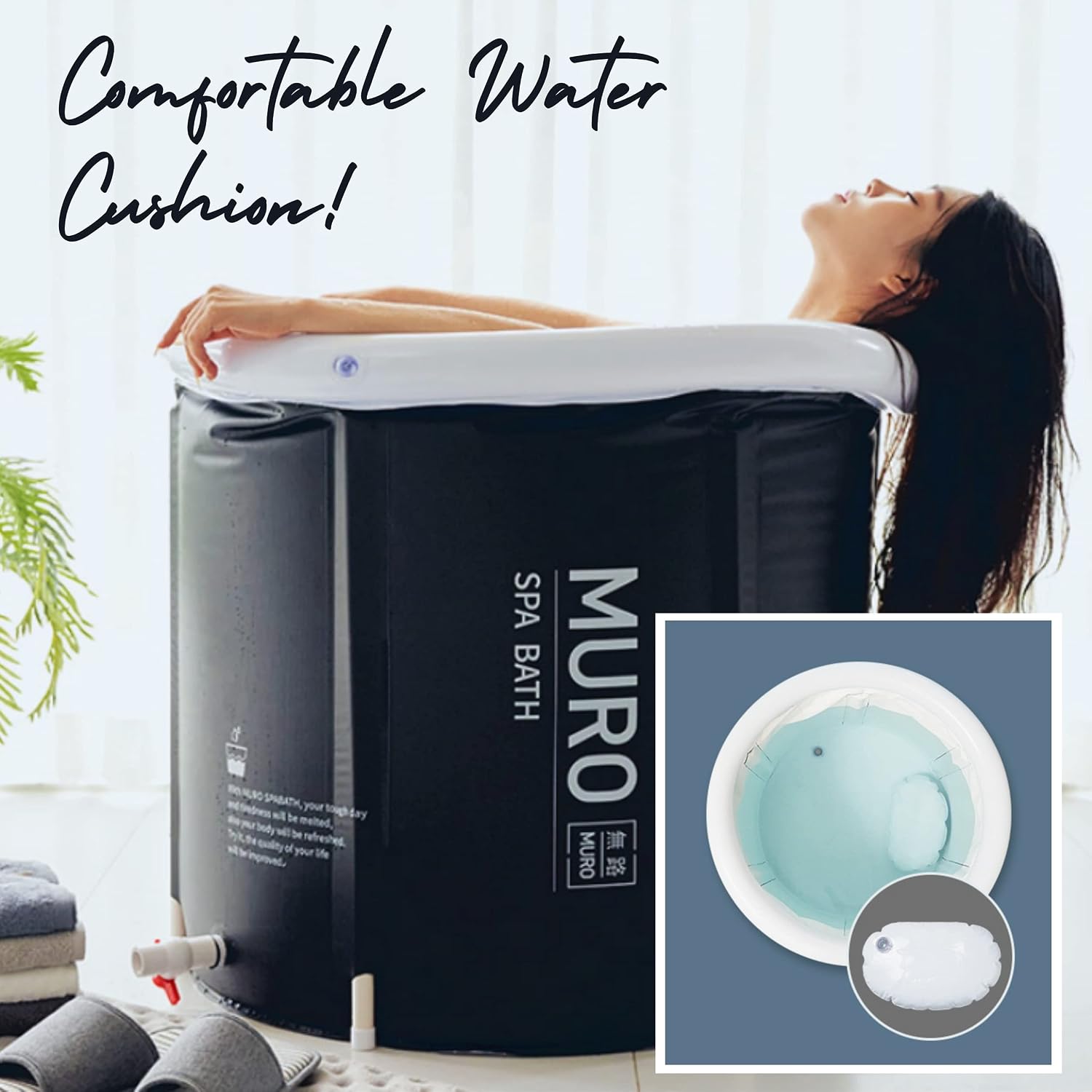 New Deal MURO Portable Bathtub for Adults, Foldable Freestanding Spa Bathtub for Soaking in Shower Stall, 3 Layer for Insulation, Black, Includes Bonus Cushion
