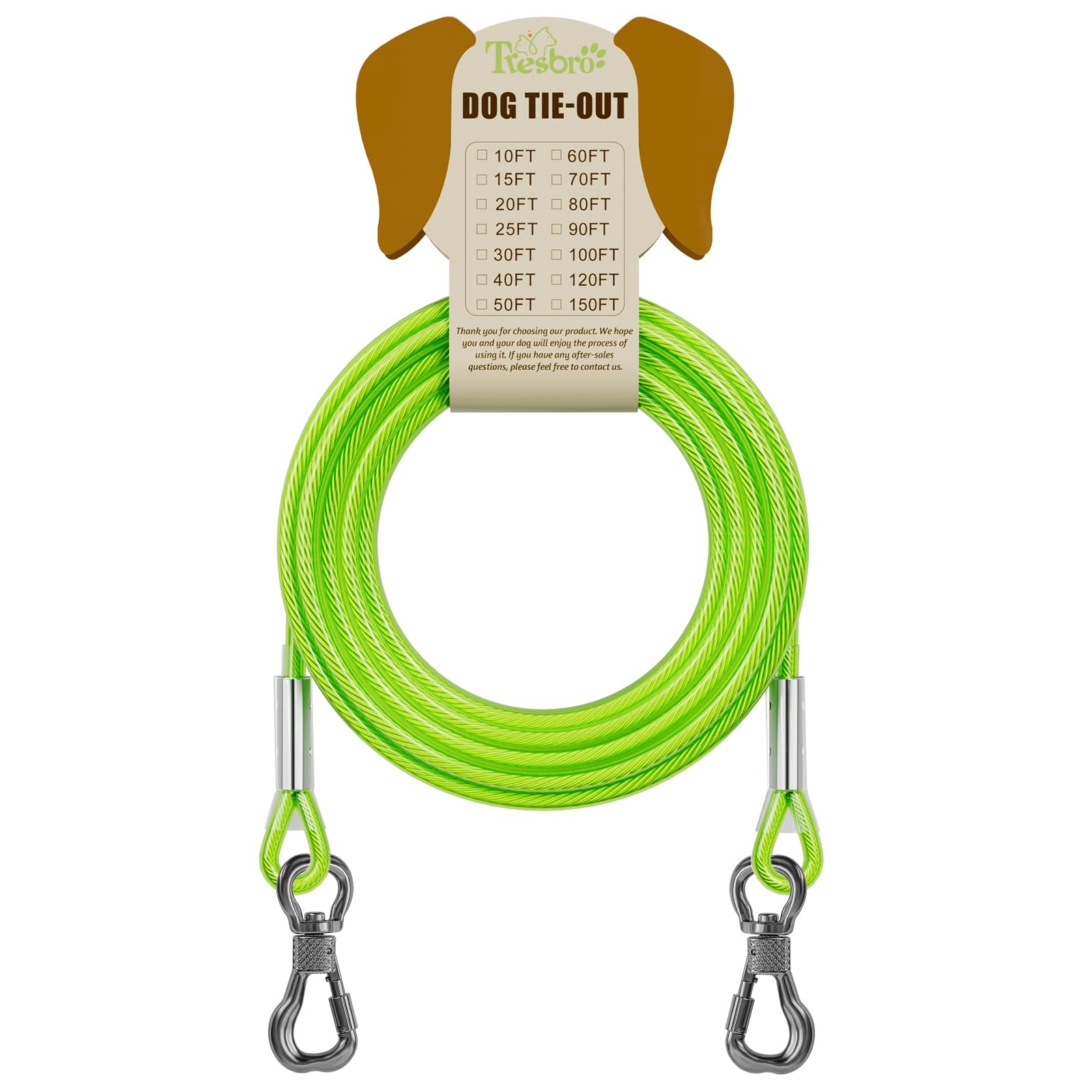 Tresbro Cavo riflettente per cani fino a 113,4 kg, cavo in filo di acciaio con fibbia a doppia fissaggio in acciaio, leggero e resistente, catena per cani per esterni, cortile, campeggio, verde