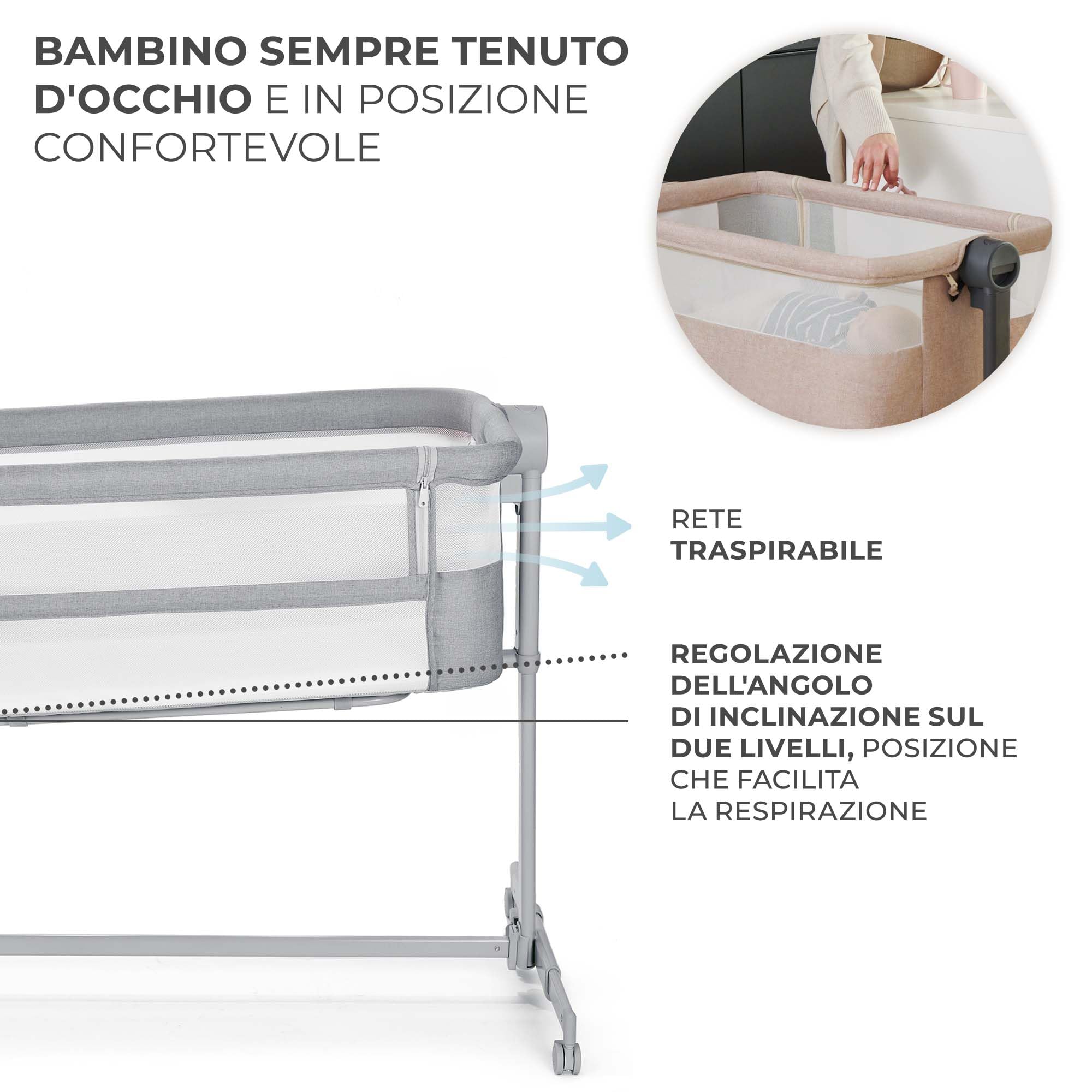 KINDERKRAFT Neste UP 2 Lit bébé cododo, Lit Bebe avec Matelas de la Naissance, Réglage de la Hauteur, Facile Adapter au lit du Parent, Pieds réglables, Gris Clair