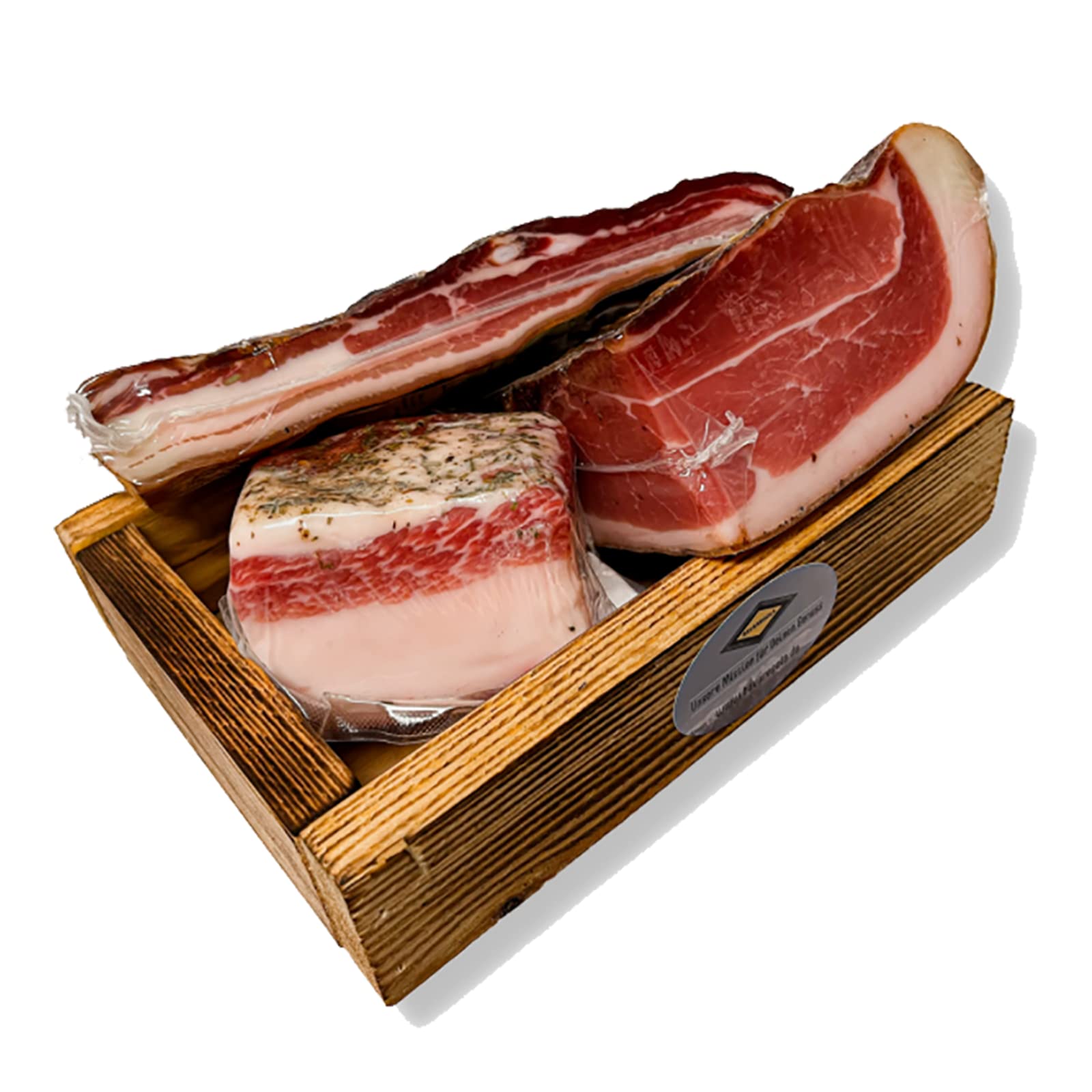 BAVAREGOLA "Speck Kistl" - Geschenkekiste mit 3 Südtiroler Speck Spezialitäten - Präsentkorb gefüllt mit Speck, Lardo & Pancetta von Viktor Kofler/Lana - Genuss Geschenk für Männer & Frauen