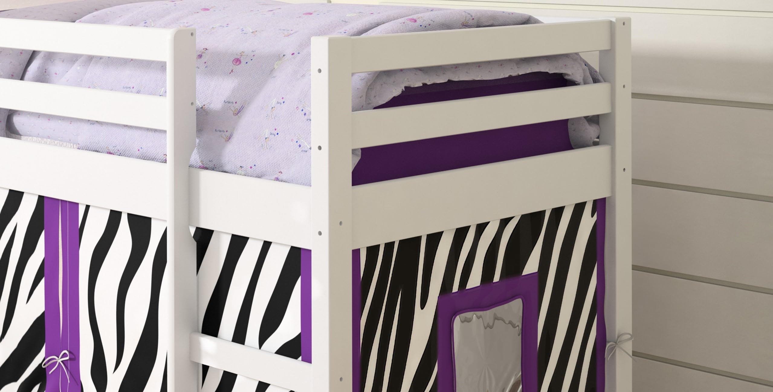 Donco Kids Twin Low Loft Bed with Slide and Camo Tent, Twin, White