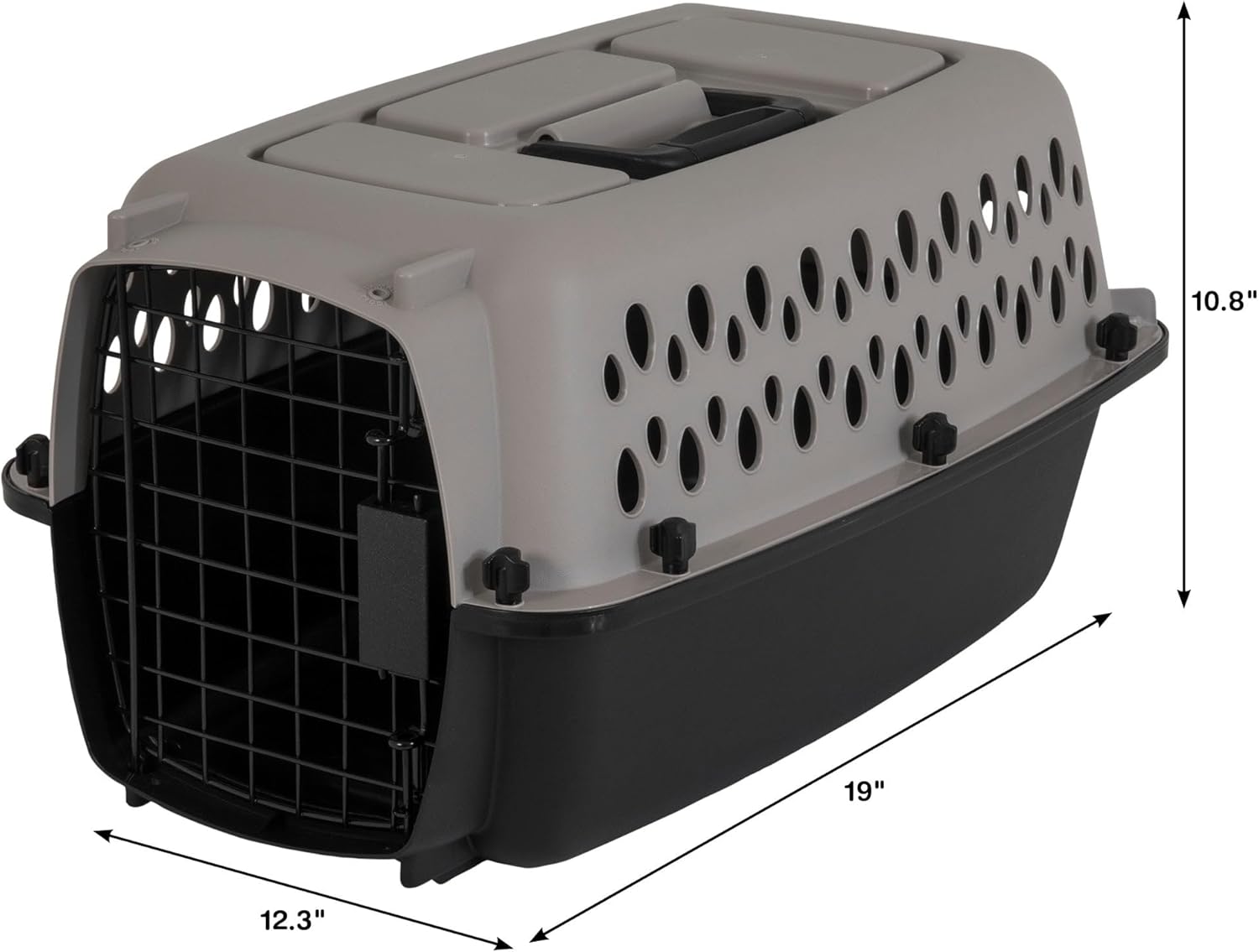 Small Dog Crate 19 Inch, Hard-Sided Plastic Travel Kennel with Steel Wire Front Door, Portable Pet Carrier for Small Dogs & Cats, Easy-Squeeze Locking Latches, Black/Grey