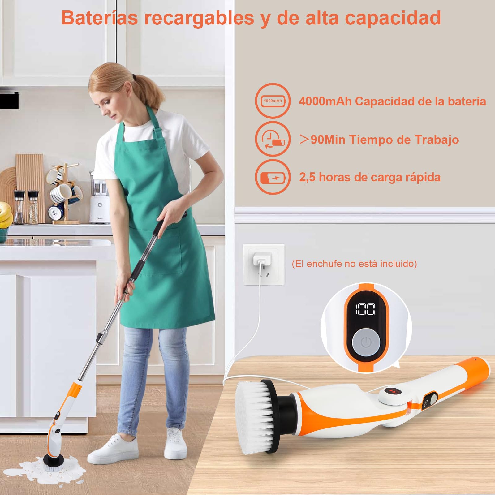 Cepillo Eléctrico Limpieza hogar Kit - Mango Extensible, 4 Ángulos, 11 Cabezales. para Ducha, Bañera, Azulejos. Batería Duradera