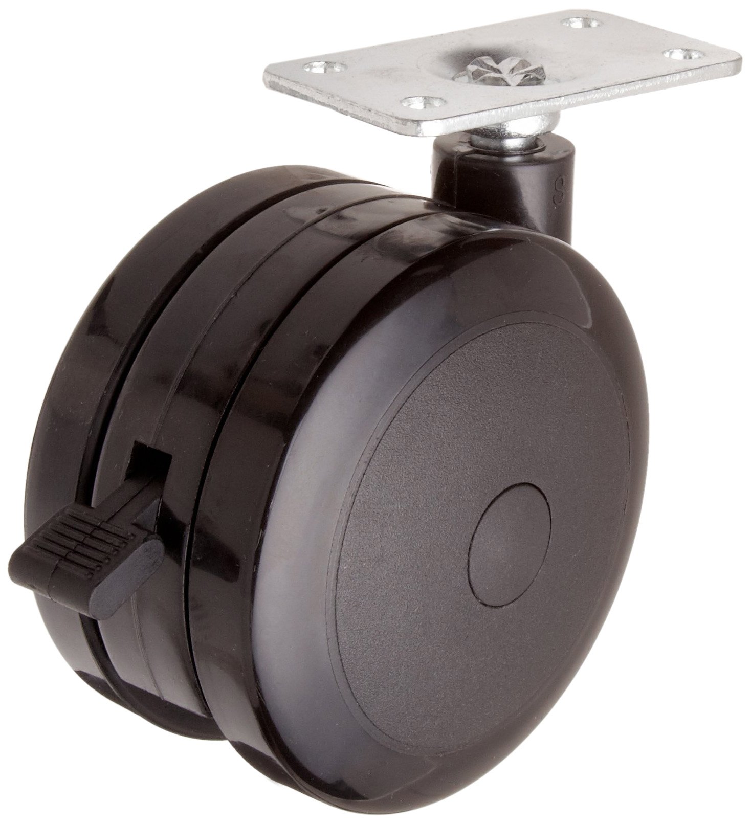 E.R. Wagner Plate Caster, Open Twin Swivel with Brake, Nylon Wheel, Plain Bearing, 125 lbs Capacity, 3" Wheel Dia, 2-7/16" Wheel Width, 3-1/2" Mount Height, 3" Plate Length, 1-3/4" Plate Width