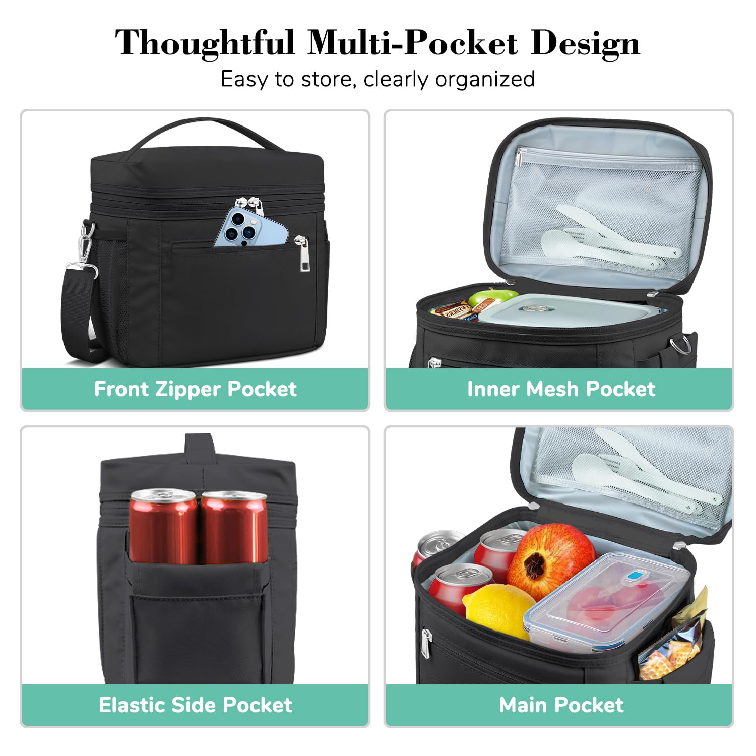 Lonchera térmica para mujeres y hombres, pequeña lonchera reutilizable a prueba de fugas, bolsa de almuerzo portátil para el trabajo, picnic (negro) 7