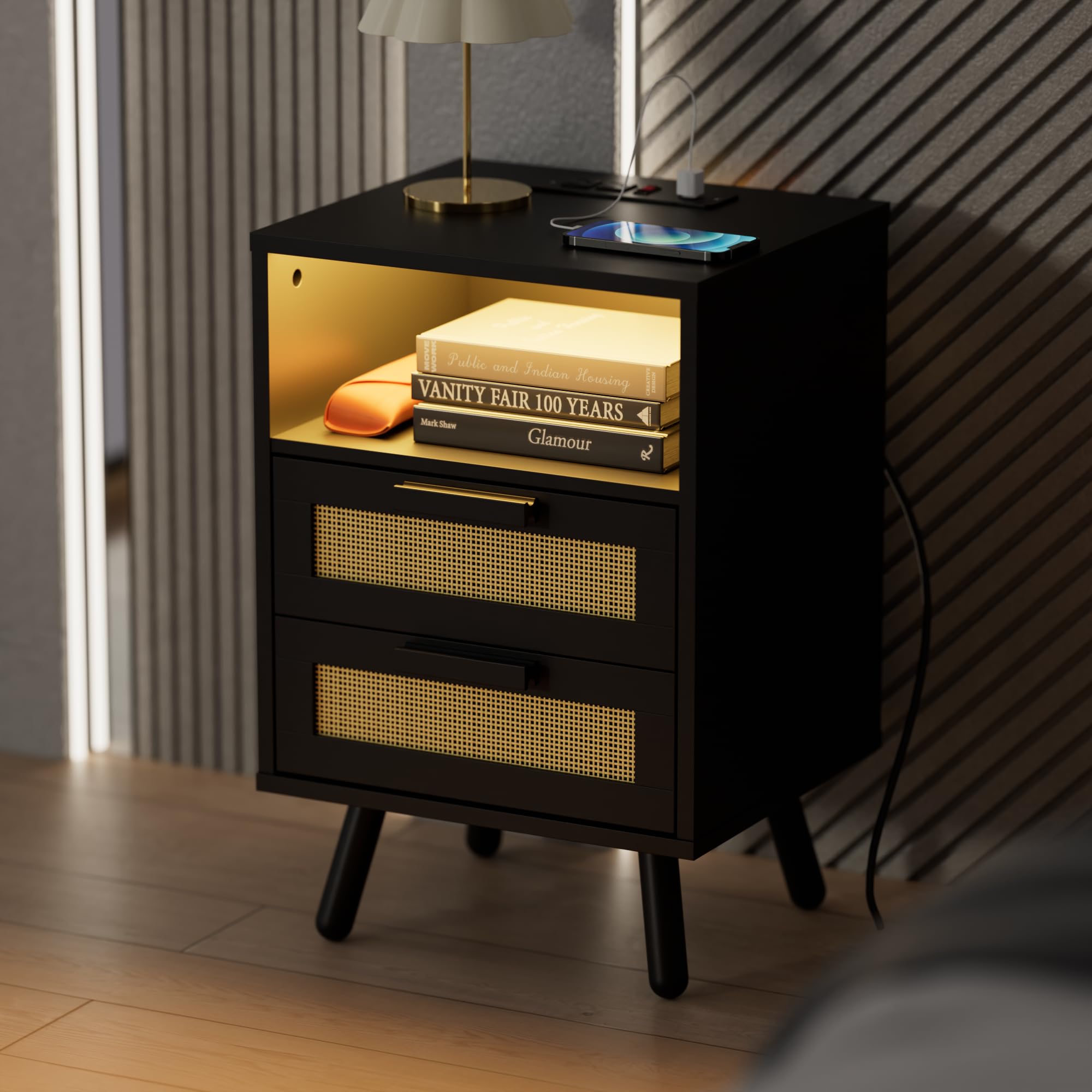 Cozy Castle Rattan Nightstand with Charging Station and LED, Mid-Century Modern Bedside Table with Drawer, Living Room End Table with Outlets, Black