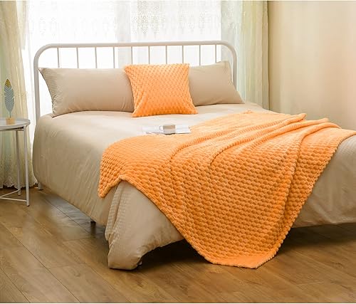 Miniatura 2 de Vessia Manta de franela de forro polar (50 x 71 pulgadas) con funda de almohada (18 x 18 pulgadas), manta mullida jacquard 3D naranja claro para