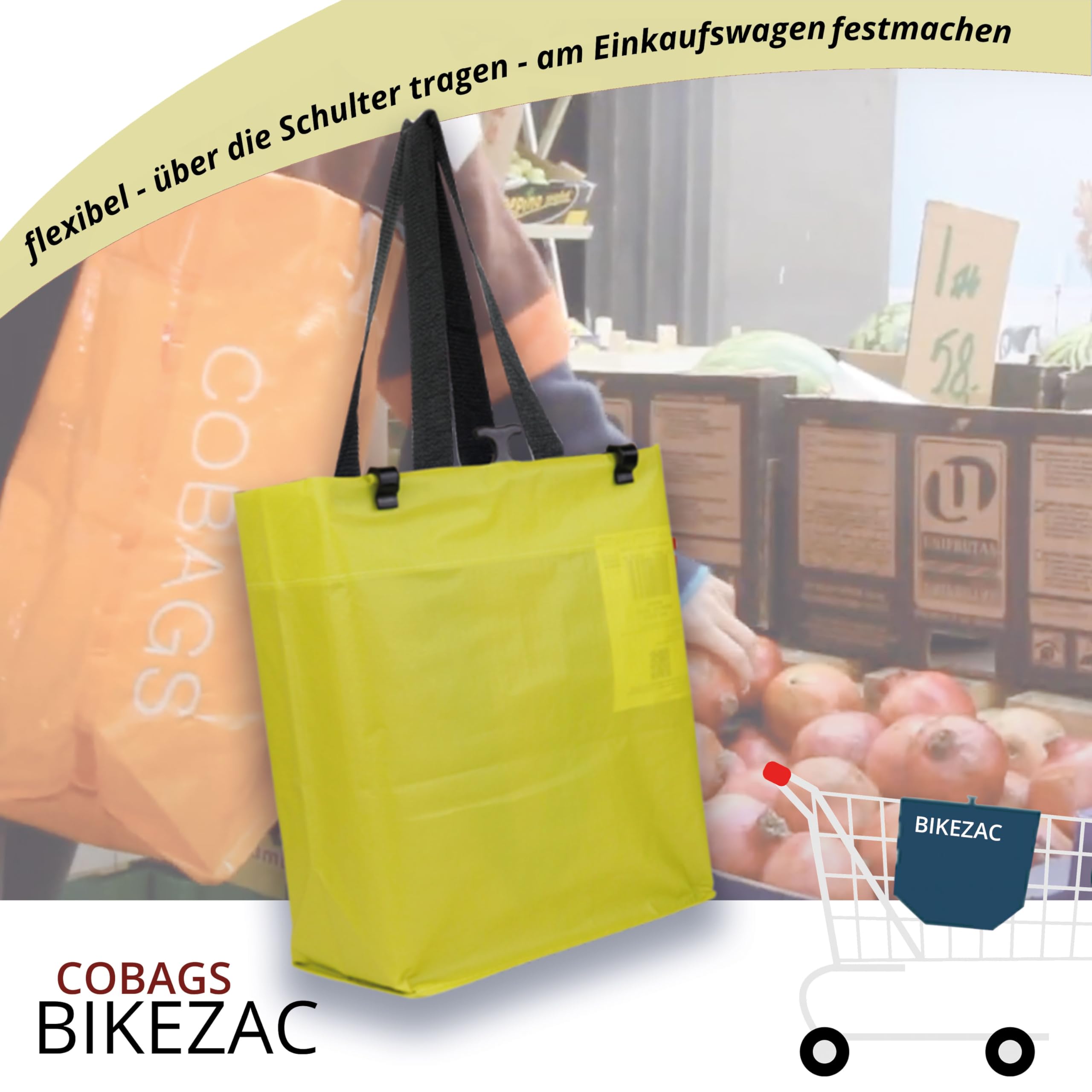 BikeZac 2.0 di COBAGS - Borsa per la spesa da bicicletta, clip-on, riutilizzabile, borsa per il carrello della spesa, riciclabile (Simply verde, 2 pezzi)