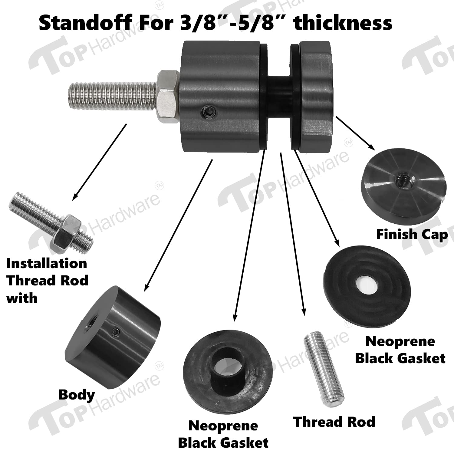 Stainless Steel 316 Grade 1-1/2″ OD Heavy Duty Staircase Glass Railing Round Standoff Base and Cap for Threaded Wall Matt Black Finish 1 Pcs (SO-025RD-TR-B Threaded Rod)