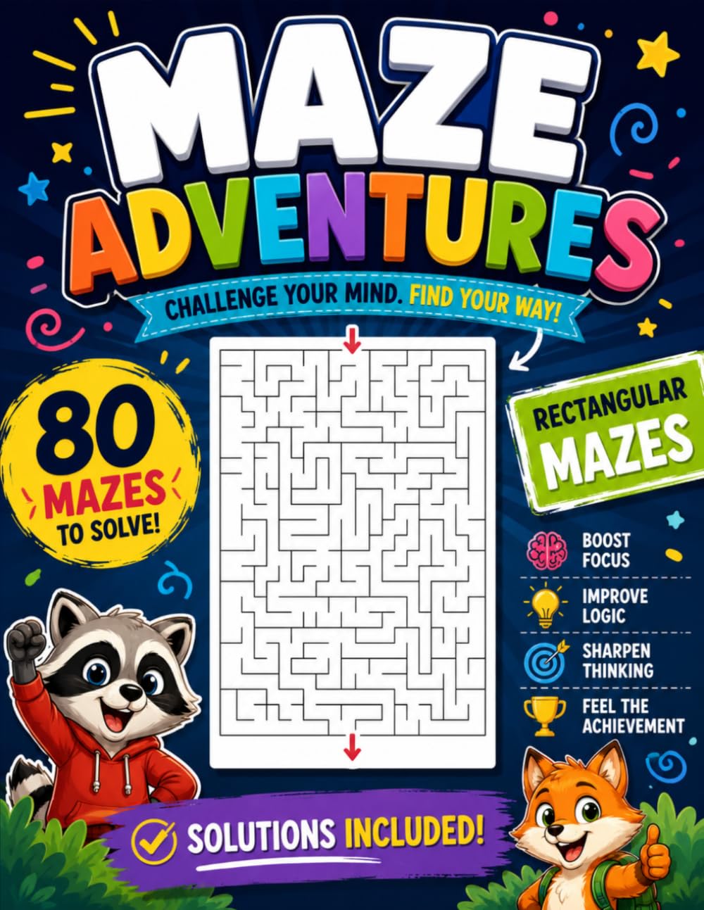 Maze Adventures: Rectangular Mazes: 80 Fun Maze Puzzles to Boost Logic, Focus & Problem-Solving Skills • Large Print • Solutions Included