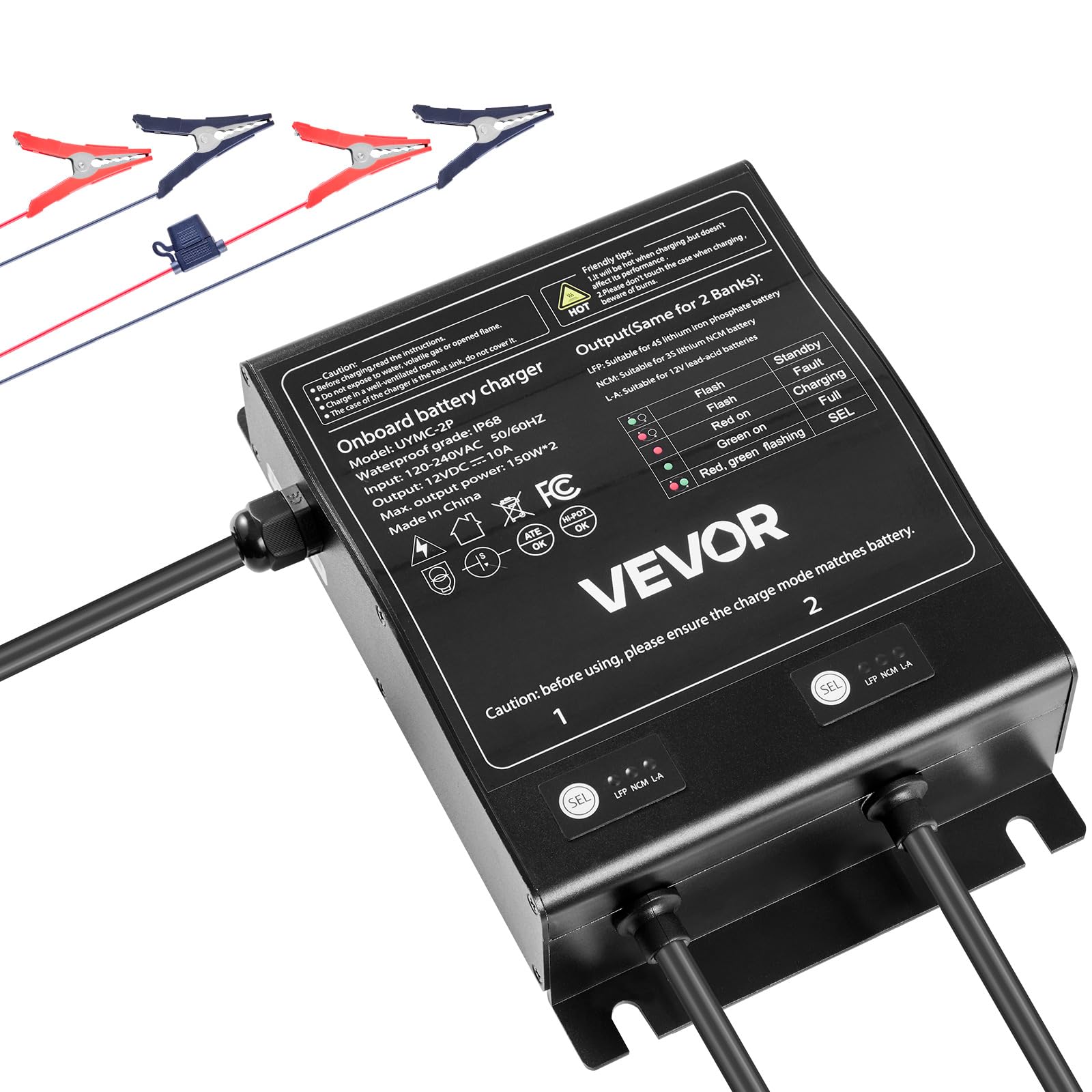 VEVOR Marine Battery Charger, 2-Bank, 10A 12V Onboard Boat Charger, IP68 Waterproof Smart On-Board Battery Charger, for Lithium-Ion (LiFePO4), NCM, Lead-Acid Batteries, Large Boat, Yacht, RV, Trailer