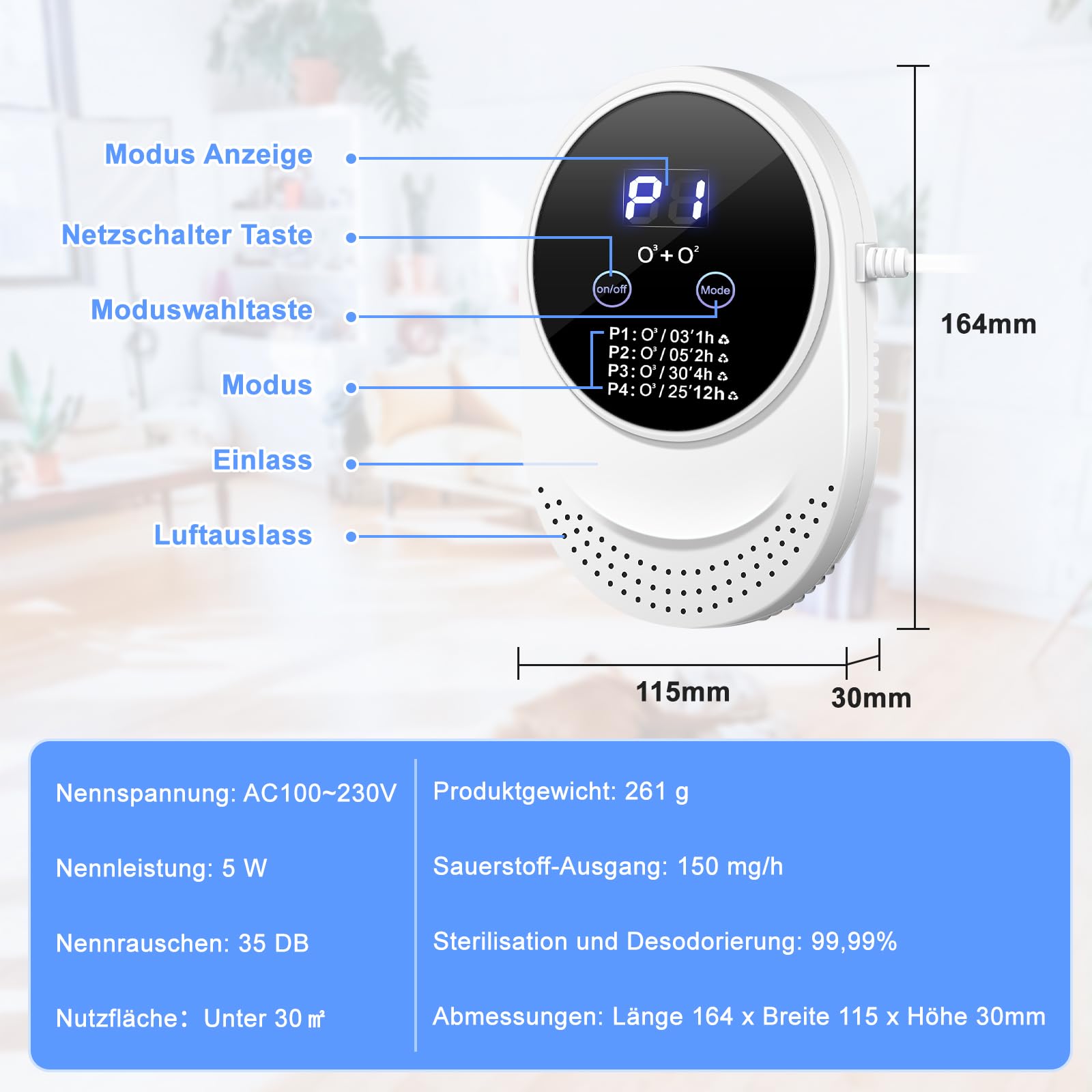 Purificatore D'Aria A Ozono - 1500mg/h, Per Stanze Fino A 30m², 4 Modalità, Silenzioso, Contro Muffa E Odori - Foto 7