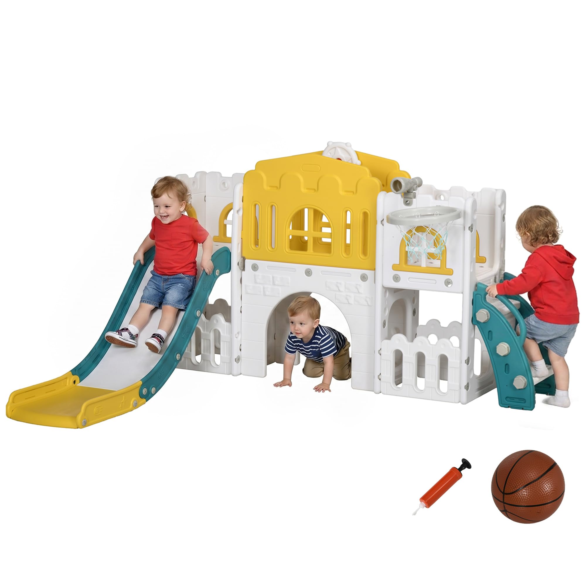 Aiyaplay 7 In 1 Toddler Slide With Basketball Hoop, For 1-3 Years, Yellow
