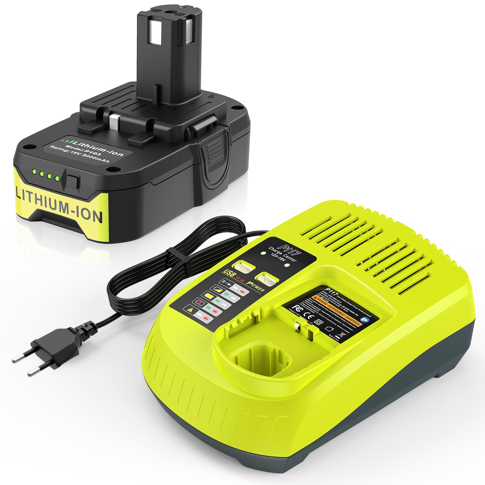 LabTEC P103 Batterie de Rechange 18V 3Ah pour Ryobi BPL1815 P102 P104 P105 P106 avec P117 Chargeur de Port USB Remplacement pour RYOBI 12V-18V One Plus Series, Kit Chargeur USB pour Ryobi P107