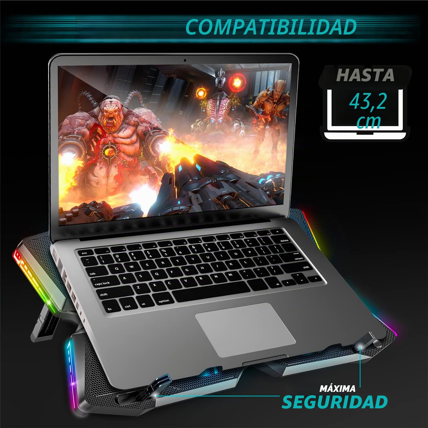 Spirit of Gamer, Base Refrigeradora Portatil de 10" a 17", 4 Ventiladores Silenciosos, Compatible con PS5, PS4, Xbox y PC, Placa de Enfriamiento Retroiluminada RGB, Soporte Ventilador Portatil