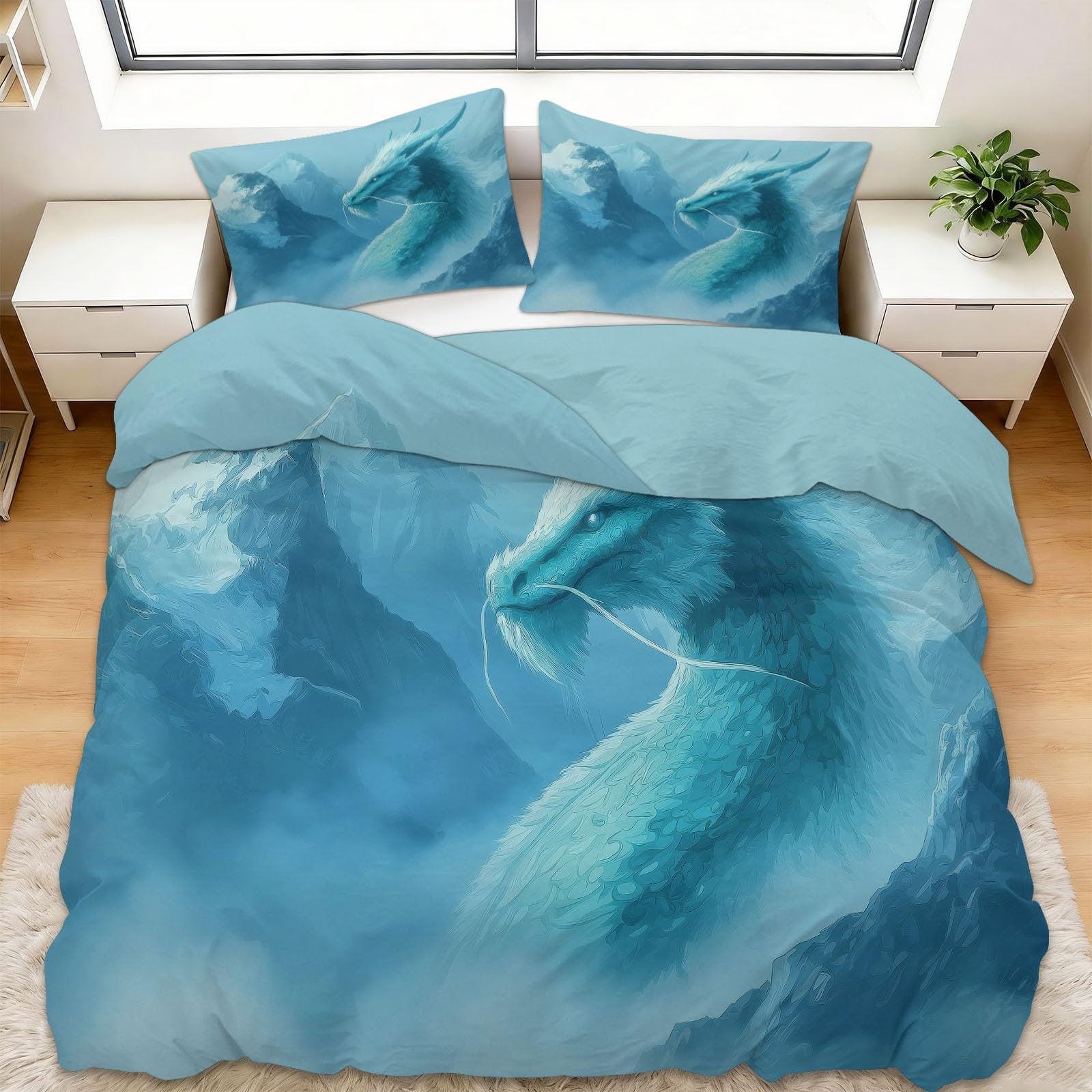 Housse de couette 90x190 cm dragon bleu clair avec sa taie d'oreiller pour lit enfant